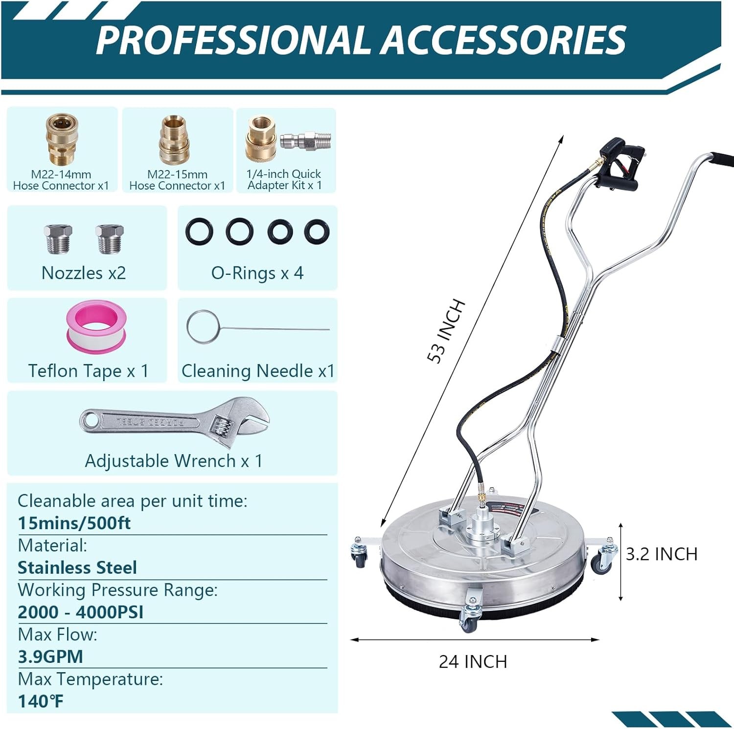 24″ Pressure Washer Surface Cleaner with Wheels & Handle Stainless Steel 4000PSI