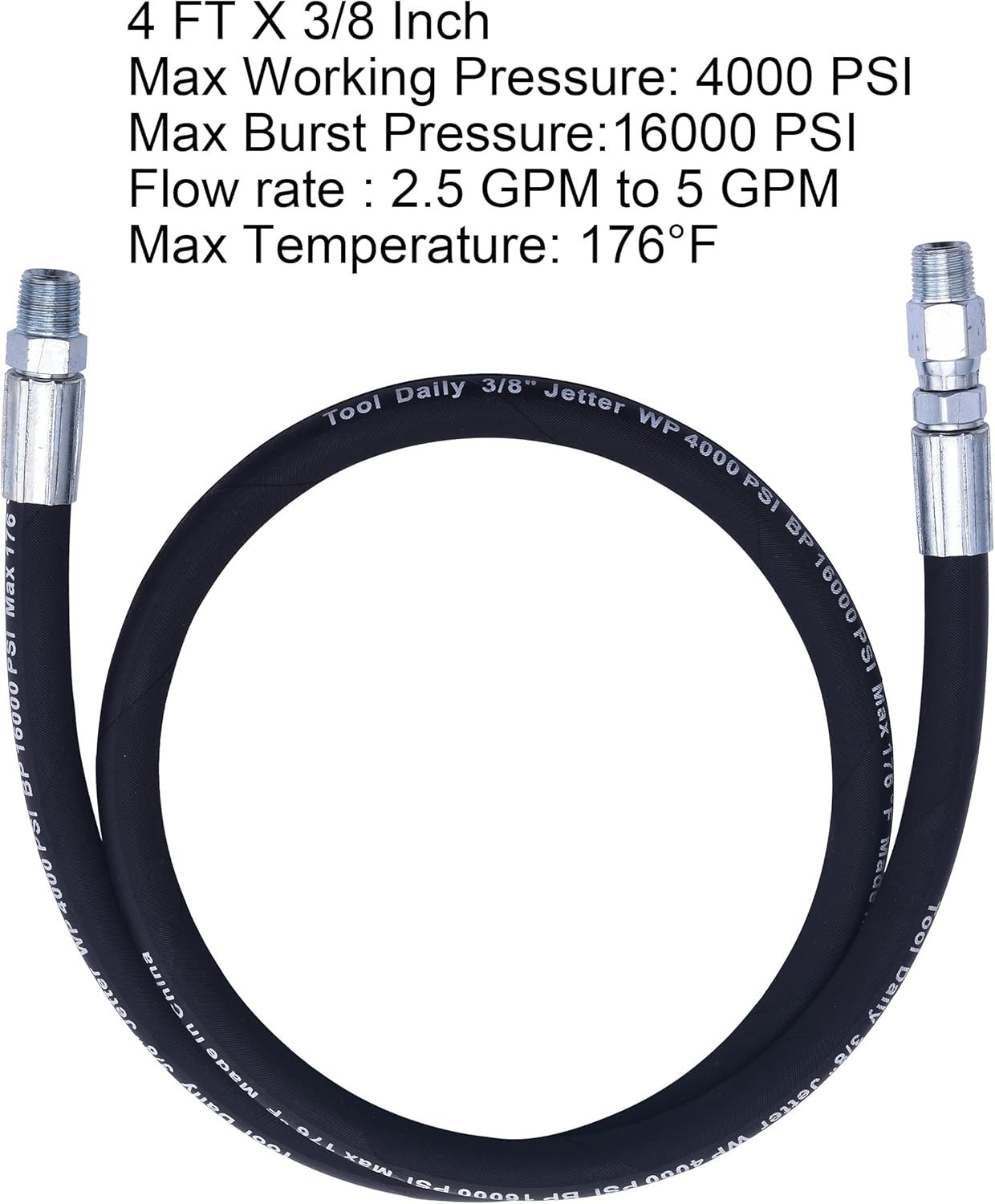 Pressure Washer Whip Hose 4 FT Steel Wire Braid Swivel Connector for Pressure