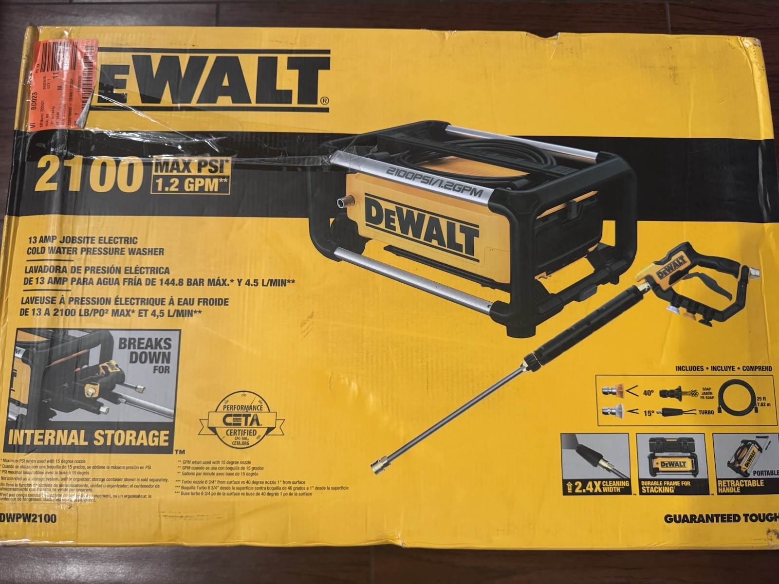 DEWALT DWPW2100 2100 PSI 1.2 GPM Cold Water Corded Washer w/ Spray Gun