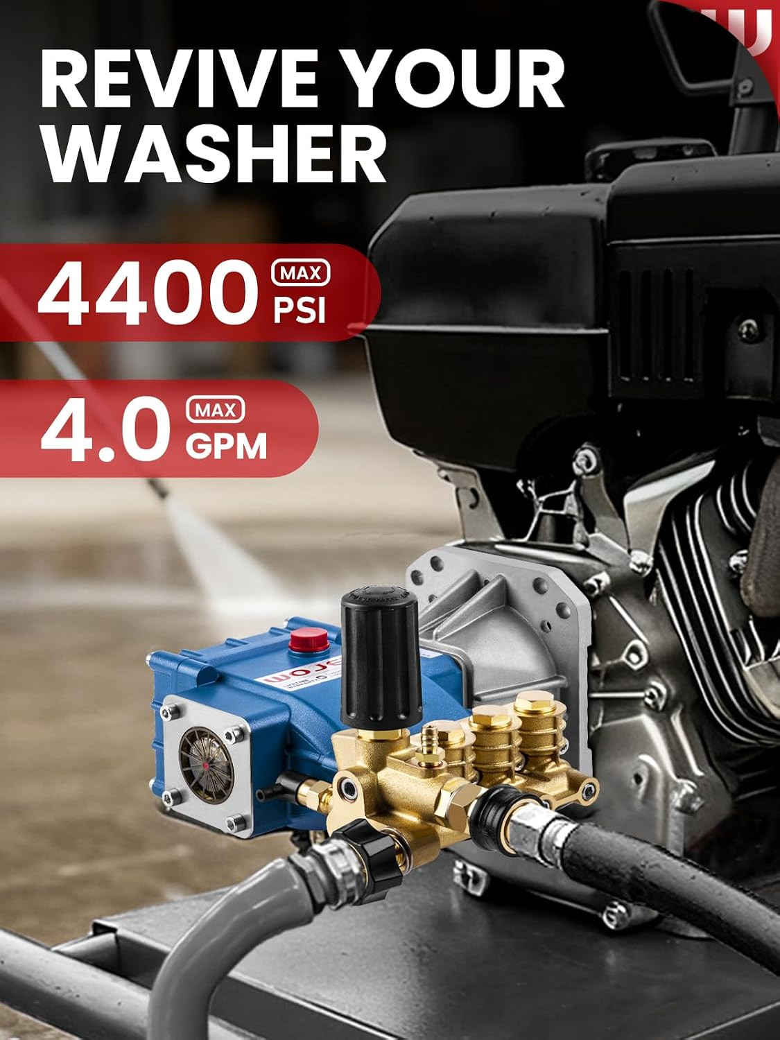 Triplex Plunger Pressure Washer Pump, 4400PSI 4.0GPM, 1″ Shaft, Self-Priming, Ho