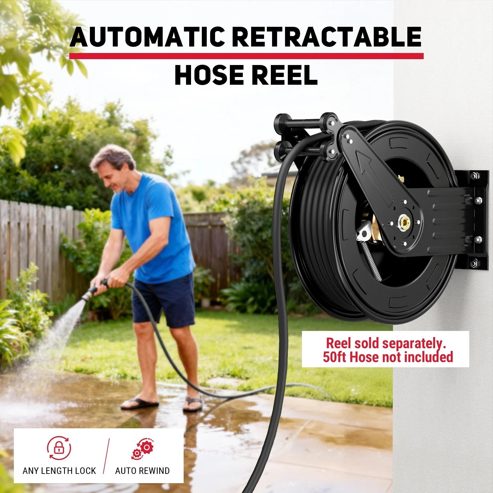 Pressure Washer Hose Reel, 3/8 in x 50 ft Retractable Pressure Washer Reels