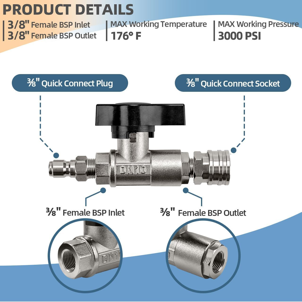 DN10 Ball Valve for Pressure Washer, 3/8″ Quick Connect Ball Valve for Pressure