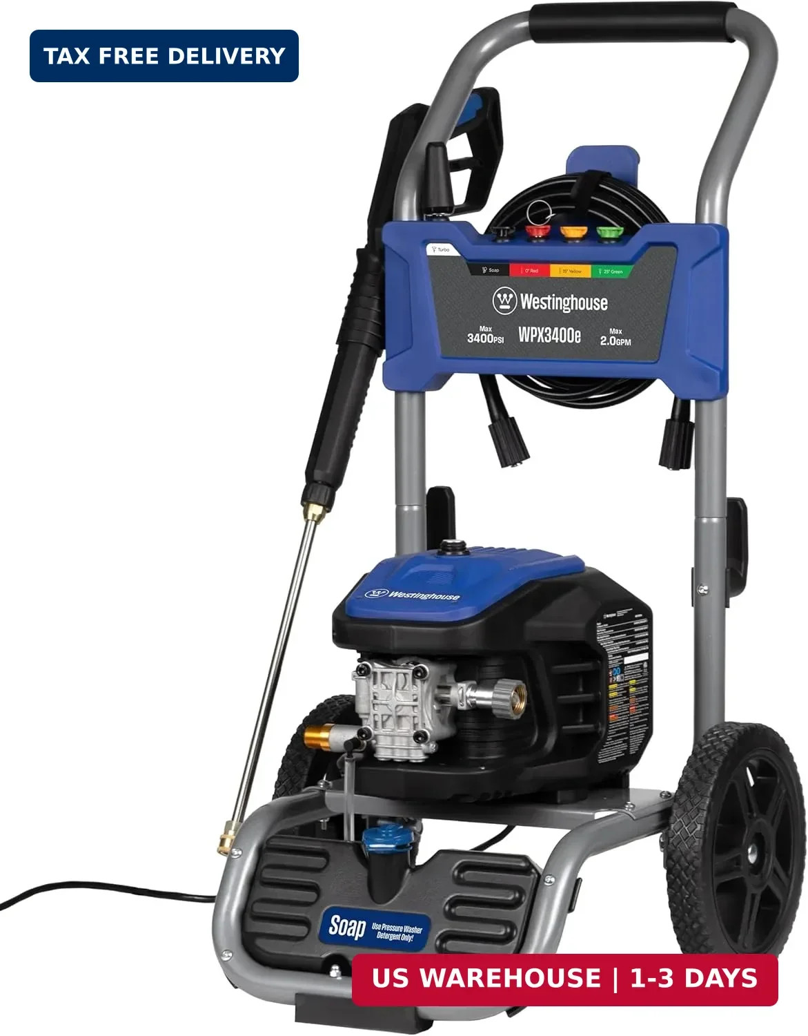 Westinghouse WPX3400e Electric Pressure Washer, 3400 Max PSI and 2.0 Max GPM, Br