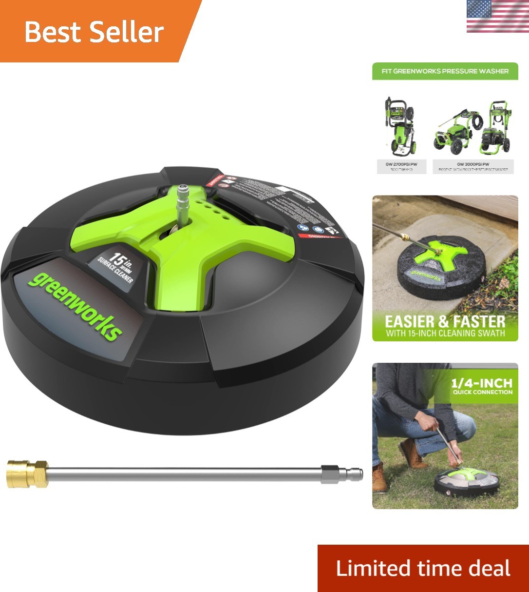 High-Pressure 15″ Surface Cleaner – Compatible with Most Pressure Washers, Green