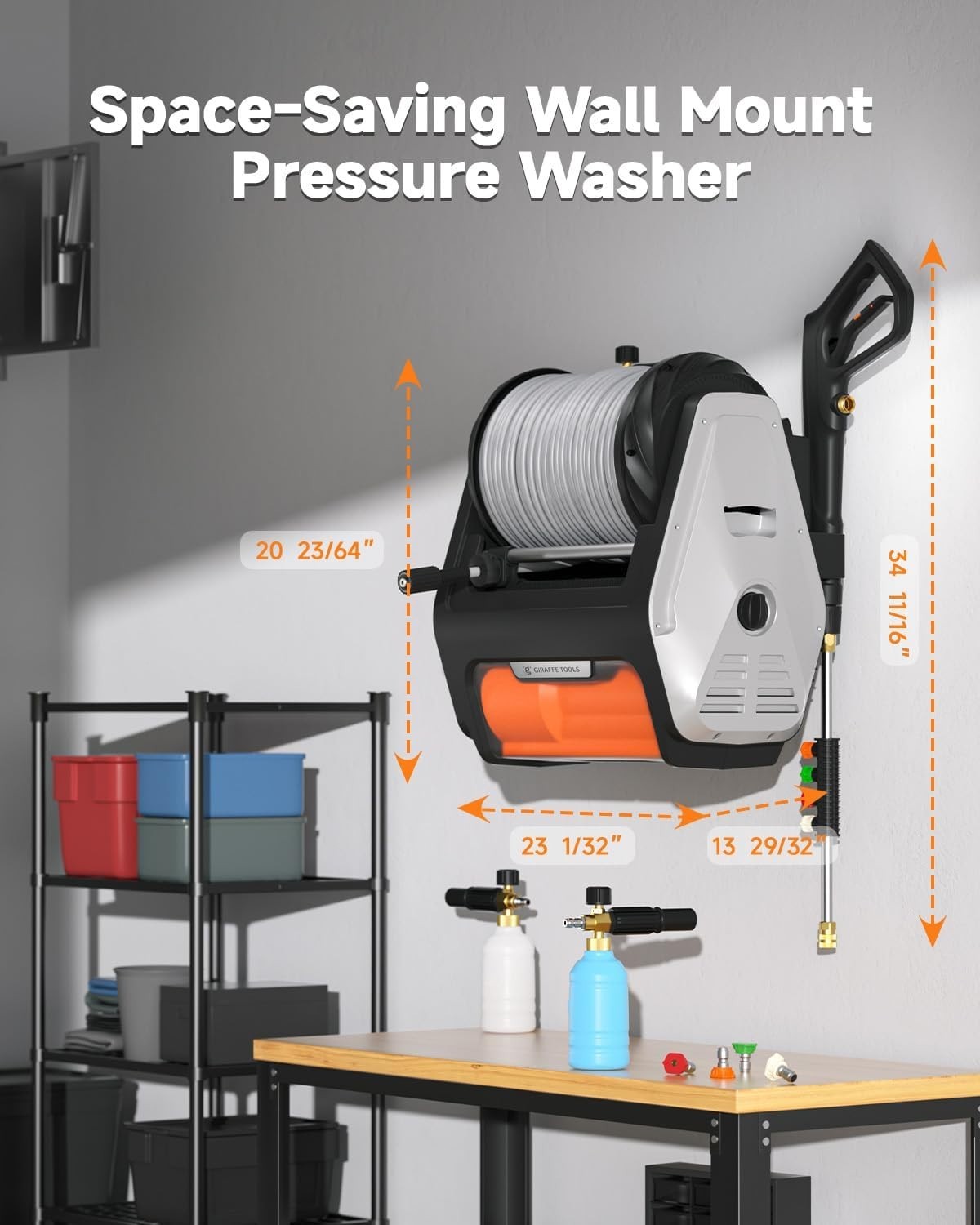 Giraffe Tools Wall Mount Pressure Washer PRO 100FT Retractable Hose Max 3700 PSI