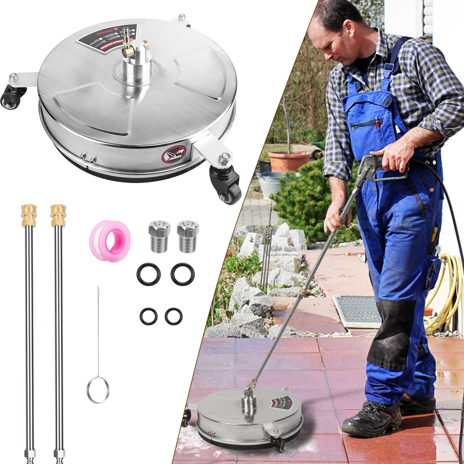 15in High Pressure Washer Flat Surface Cleaner Stainless Power Washer Portable