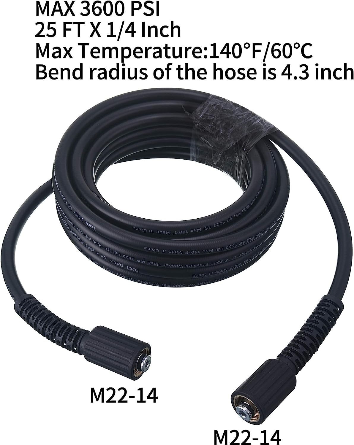 3600 PSI 25 FT Pressure Washer Hose – M22 14mm, Non-Kink & Weather Resistant