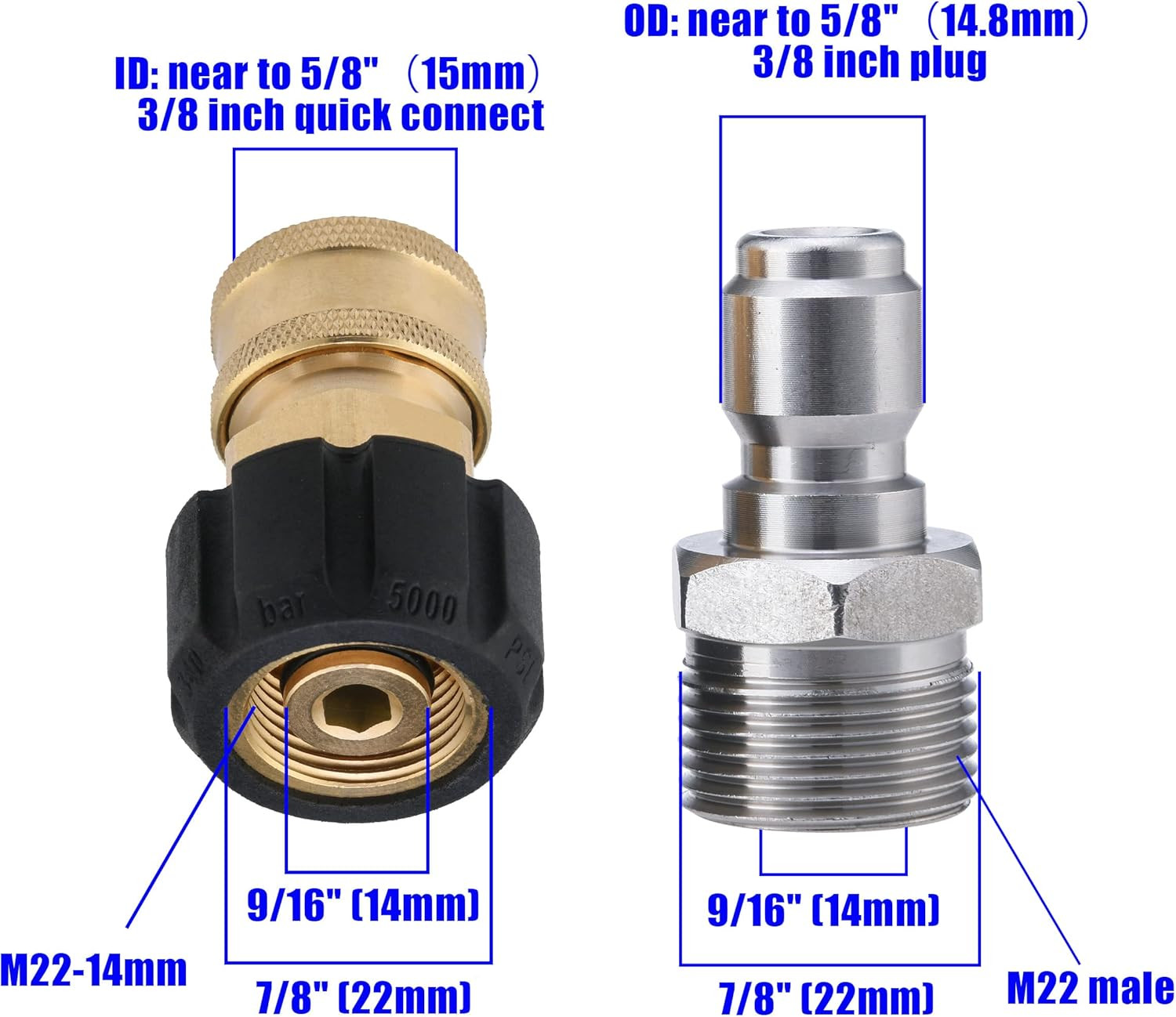 Pressure Washer Adapter Set, M22 to 3/8″ Quick Connect for Pressure Washer Hose,