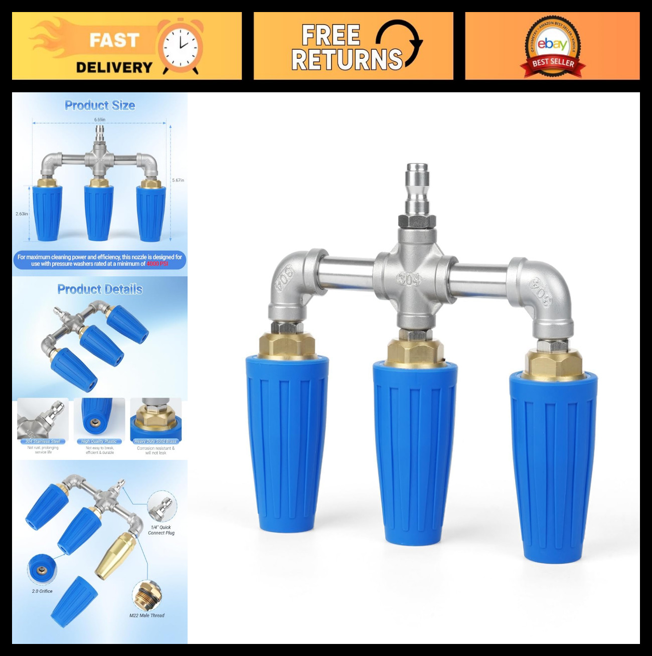 3-in-1 Turbo Nozzle for Pressure Washer, 360° Rotating, 4000-5000 PSI, Quick Con
