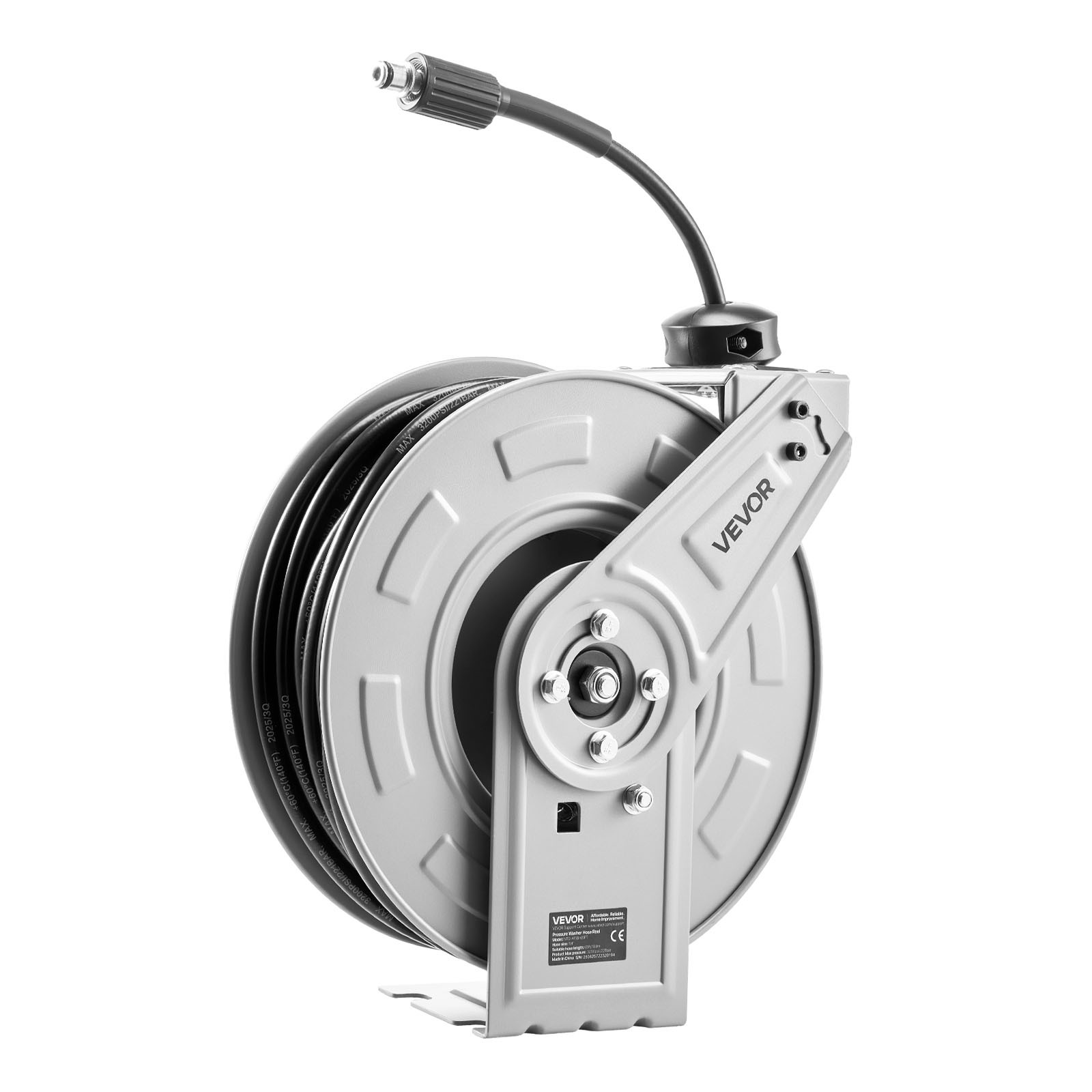 VEVOR Pressure Washer Hose Reel 65ft x 1/4in Retractable 3200PSI Auto-Rewinding