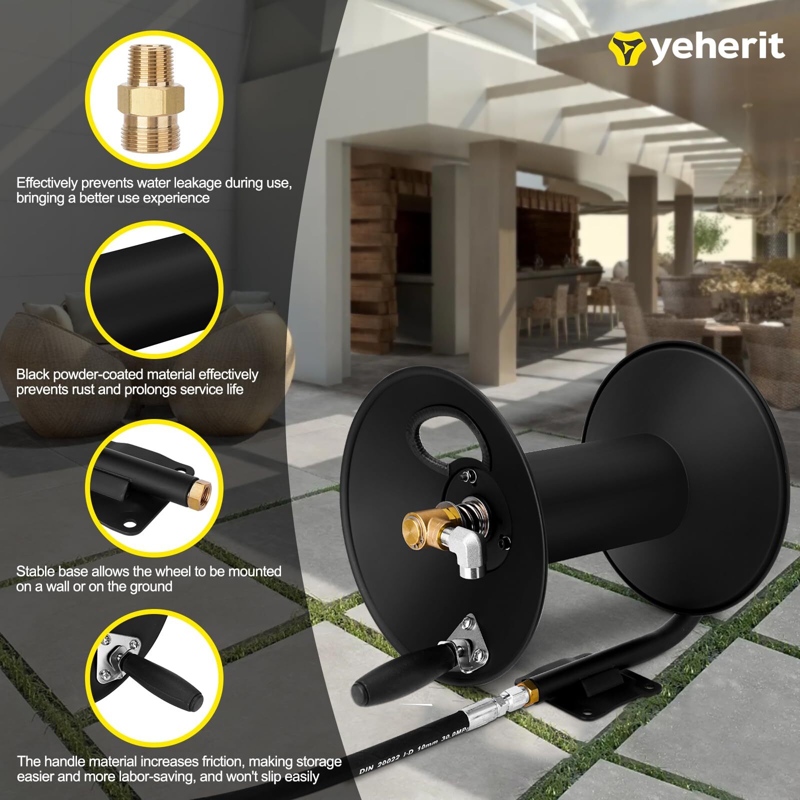 Pressure Washer Hose Reel, 100FT High Pressure Hose Reel with Hand Crank, 3/8″