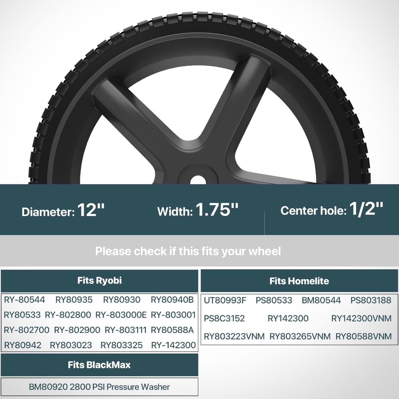 Durable 12″ Anti-Slip Pressure Washer Wheels – Fit for Ryobi, Homelite, BlackMax
