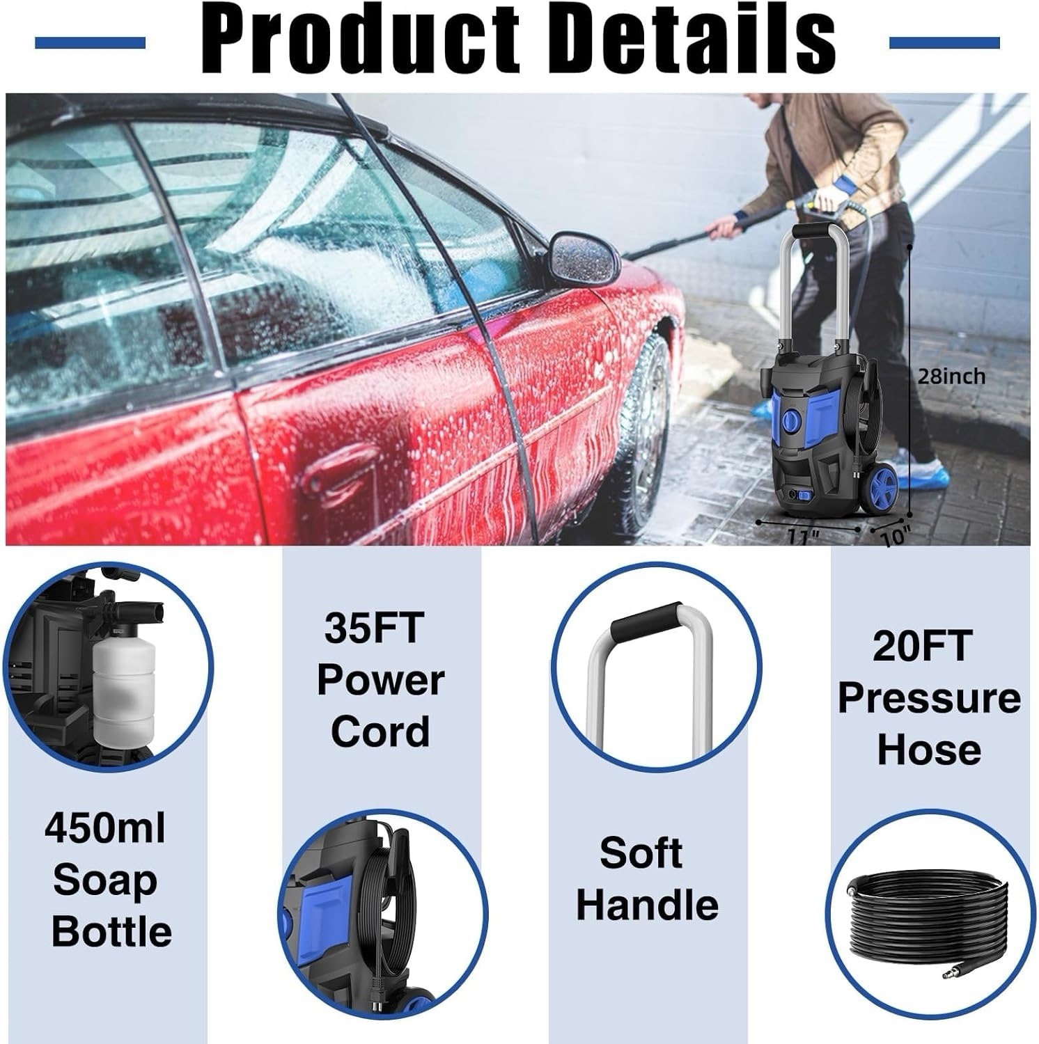 Electric Pressure Washer, 1500 PSI, 20ft Hose, 35ft Cord, Compact & Lightweight
