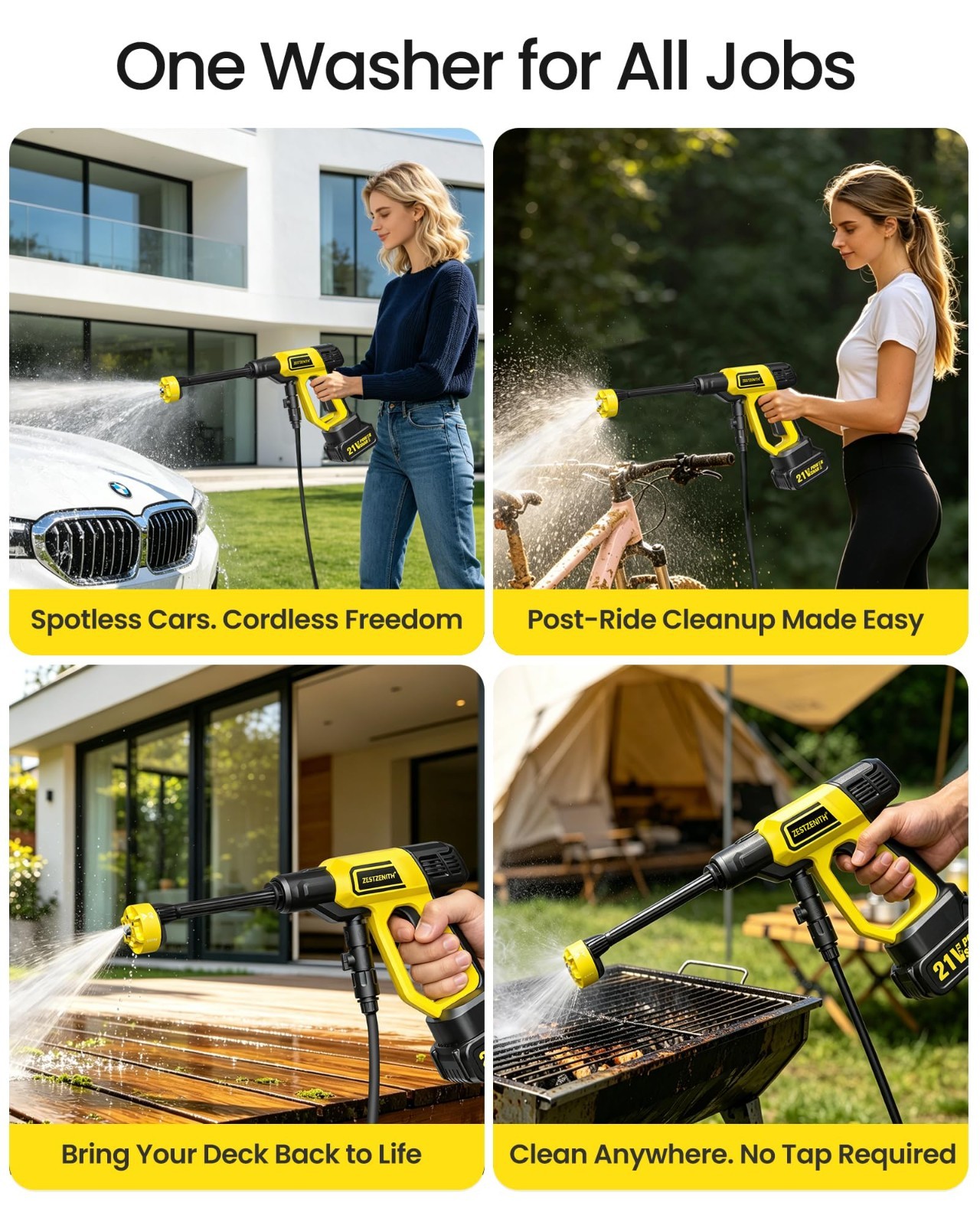 Portable Cordless Pressure Washer, 1100 PSI Handheld, 21V Battery, 6 Nozzles, Fo