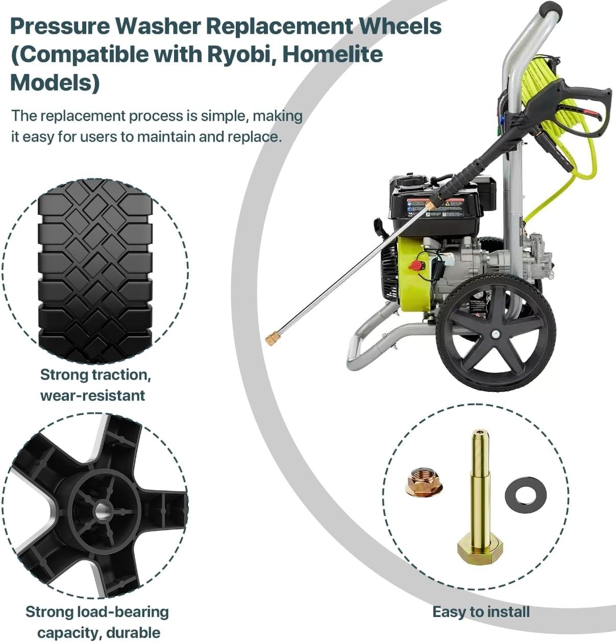 Durable 12″ Anti-Slip Pressure Washer Wheels – Fit for Ryobi, Homelite, BlackMax