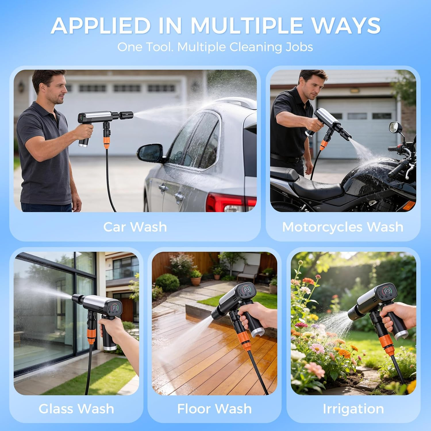 Foldable Pressure Washer Portable Battery Washer with 5-In-1 Nozzle, 3 Levels &