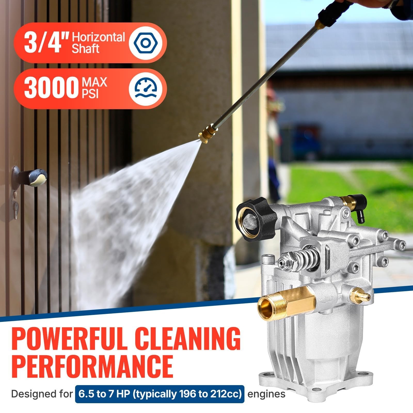 Pressure Washer Pump 3000 PSI 2.5 GPM 3/4 Inch Shaft Horizontal Replacement for