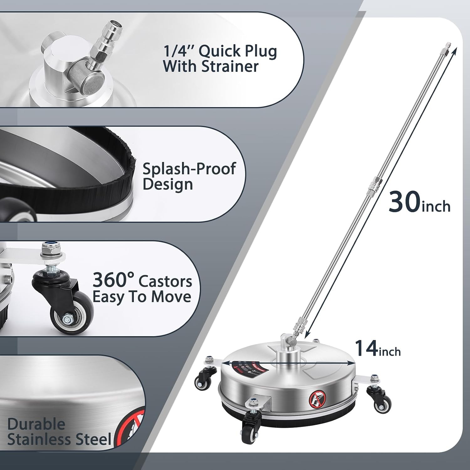 Pressure Washer Surface Cleaner Attachment with 4 Wheels Quick Plug 1/4