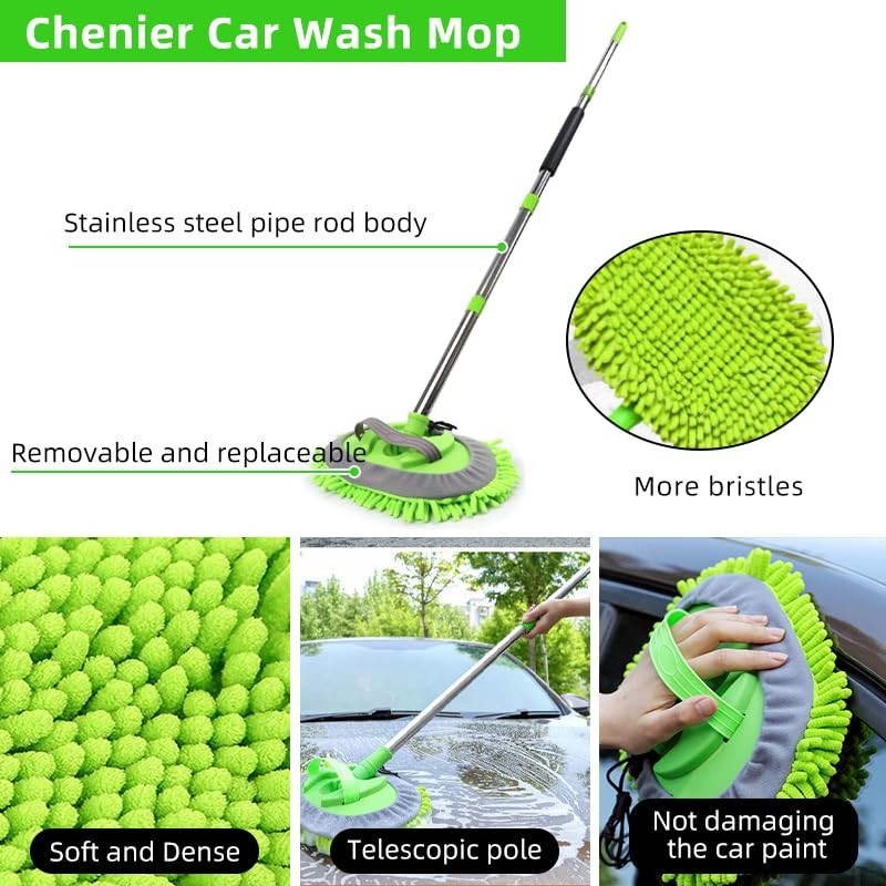 62″ Car Wash Brush with Long Handle Chenille Microfiber 14 Pack, Green
