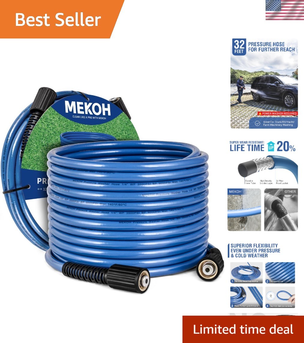 32ft Kink-Free Pressure Washer Extension Hose – Perfect for Car and Garden Wash