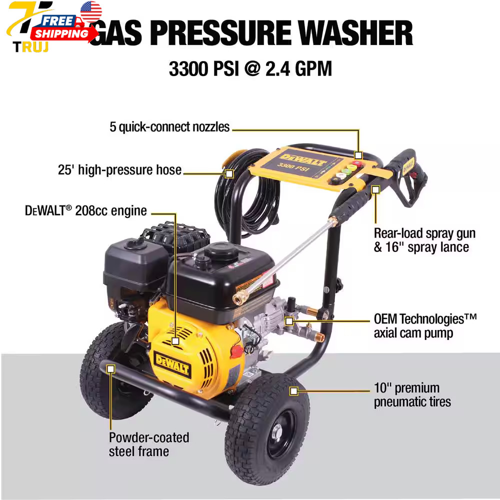 3300 PSI 2.4 GPM Cold Water Gas Pressure Washer with 208Cc Engine