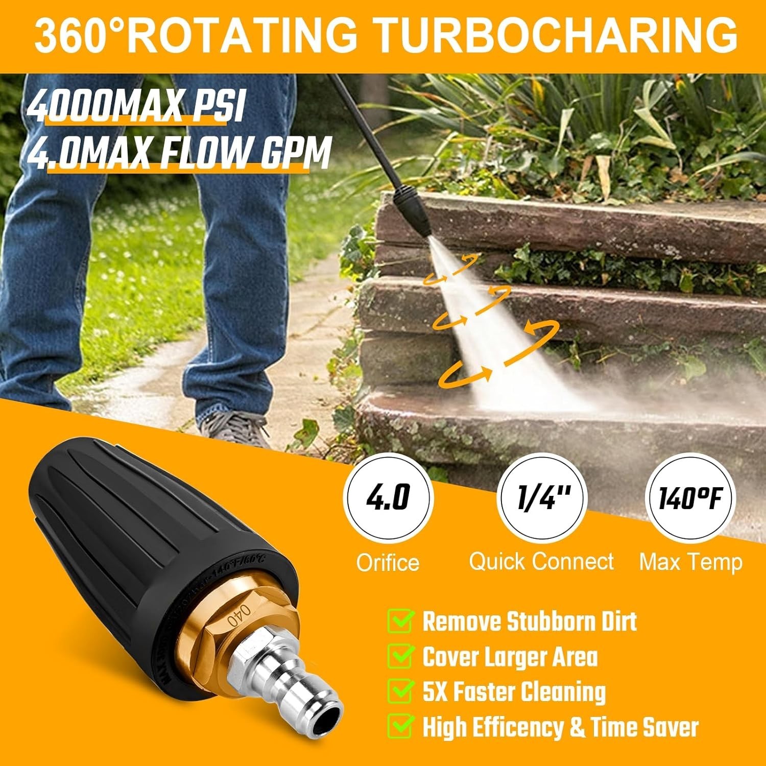 Pressure Washer Turbo Tip Max 4000PSI Turbo Nozzle Kit 360° Rotating Presure …