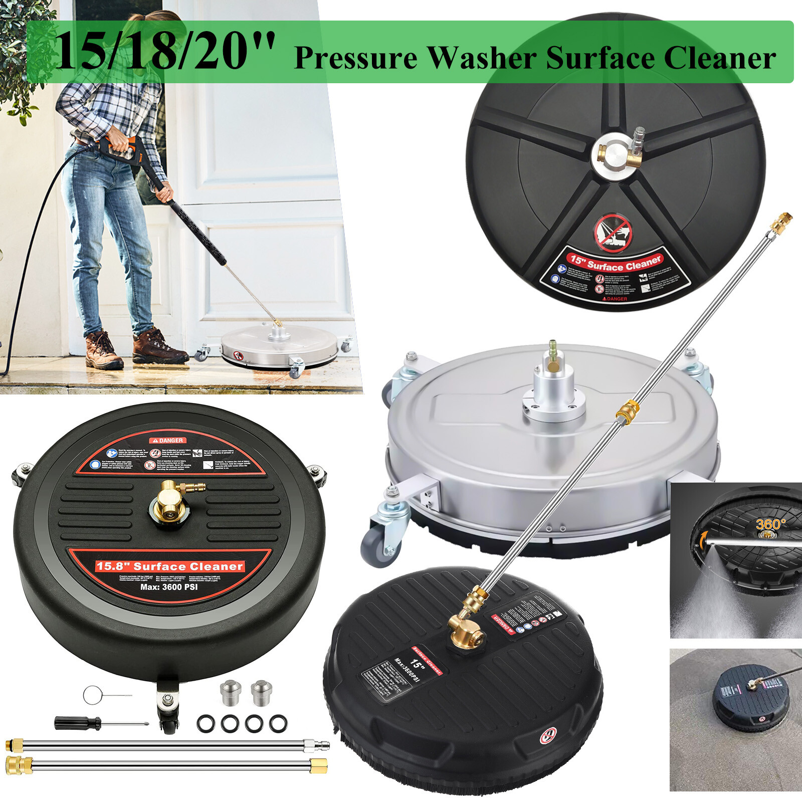 15/18/20’’ Pressure Washer Surface Cleaner 4000 PSI w/ 1/4 Quick Connector, Wand