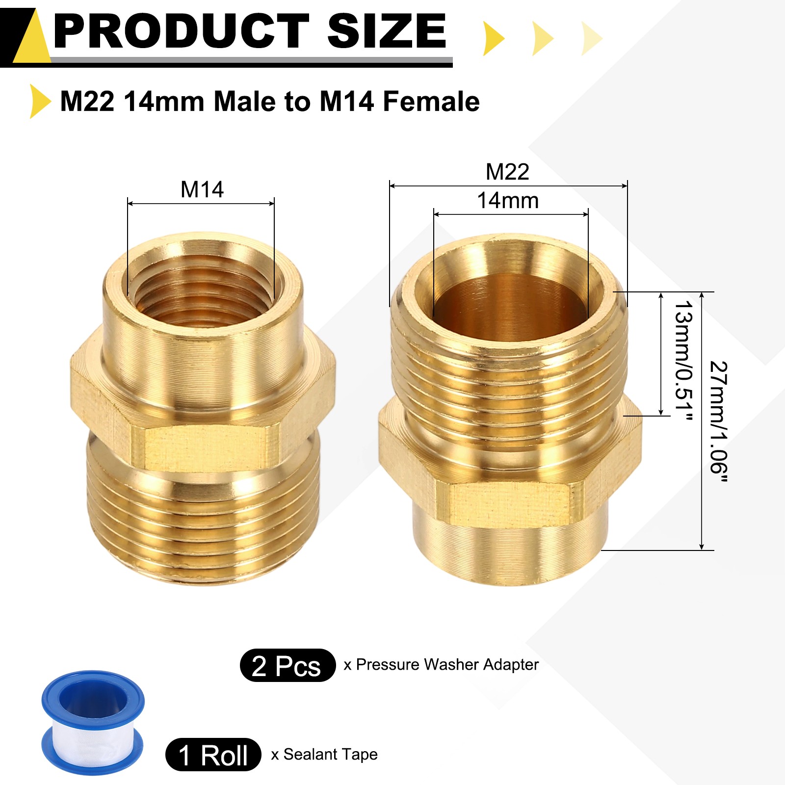 2 Pcs M22 14mm Male to M14 Female Brass Pressure Washer Adapter with Tape