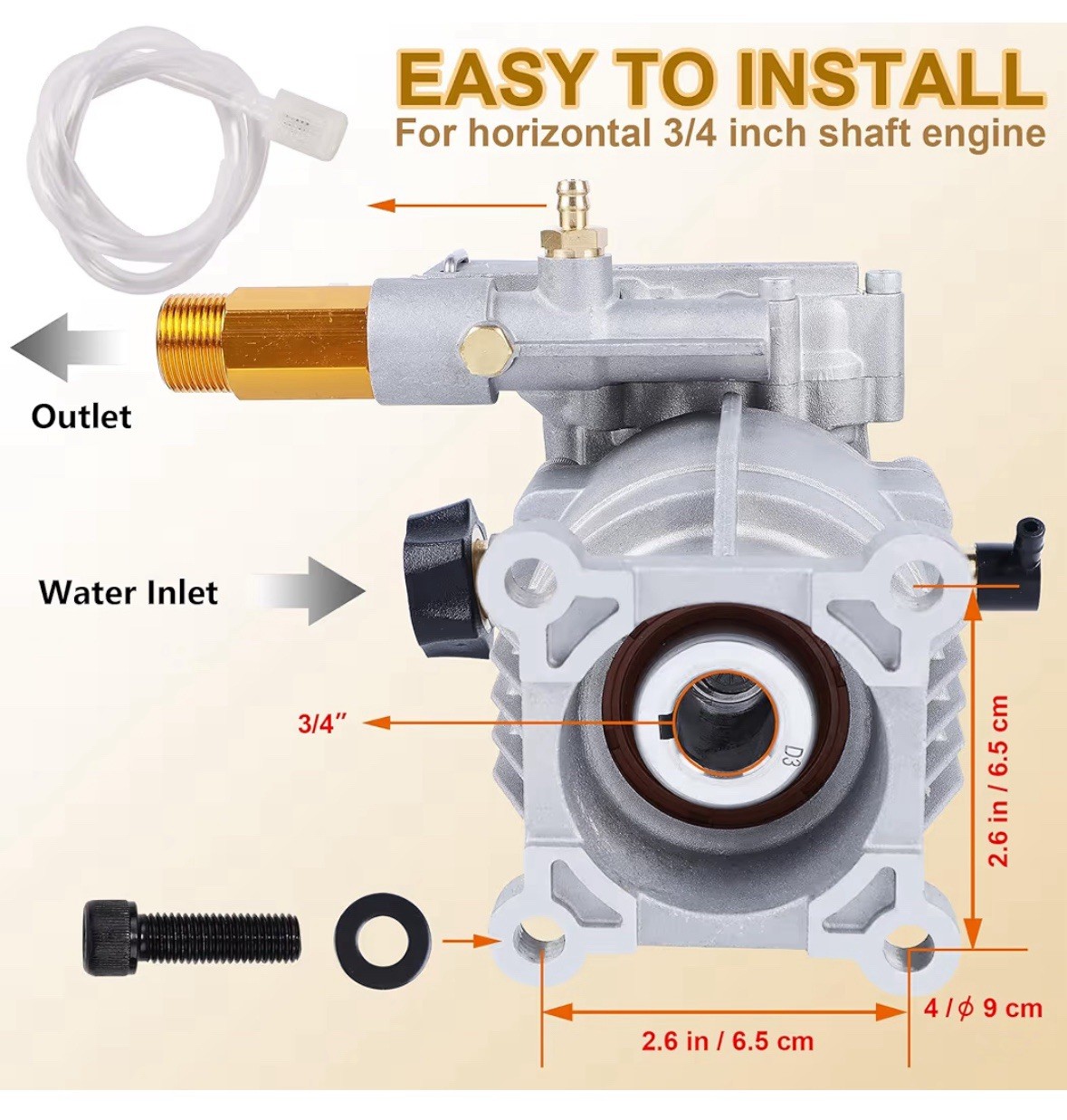 3/4″ Horizontal Pressure Washer Pump 2600-3200PSI 2.5GPM for Honda Ryobi
