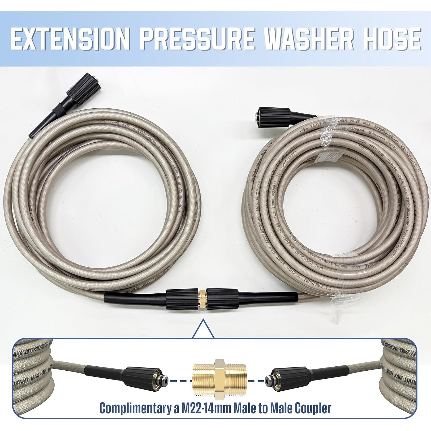 High Pressure 50 FT Replacement Hose for Power Washers M22-14mm Brass Fittings