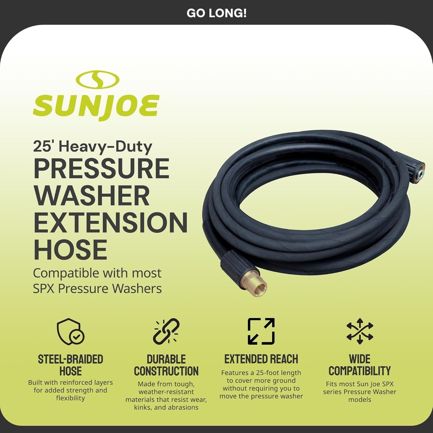 Heavy-Duty 25ft Pressure Washer Hose M22 15mm Swivel Connector Rubber Black