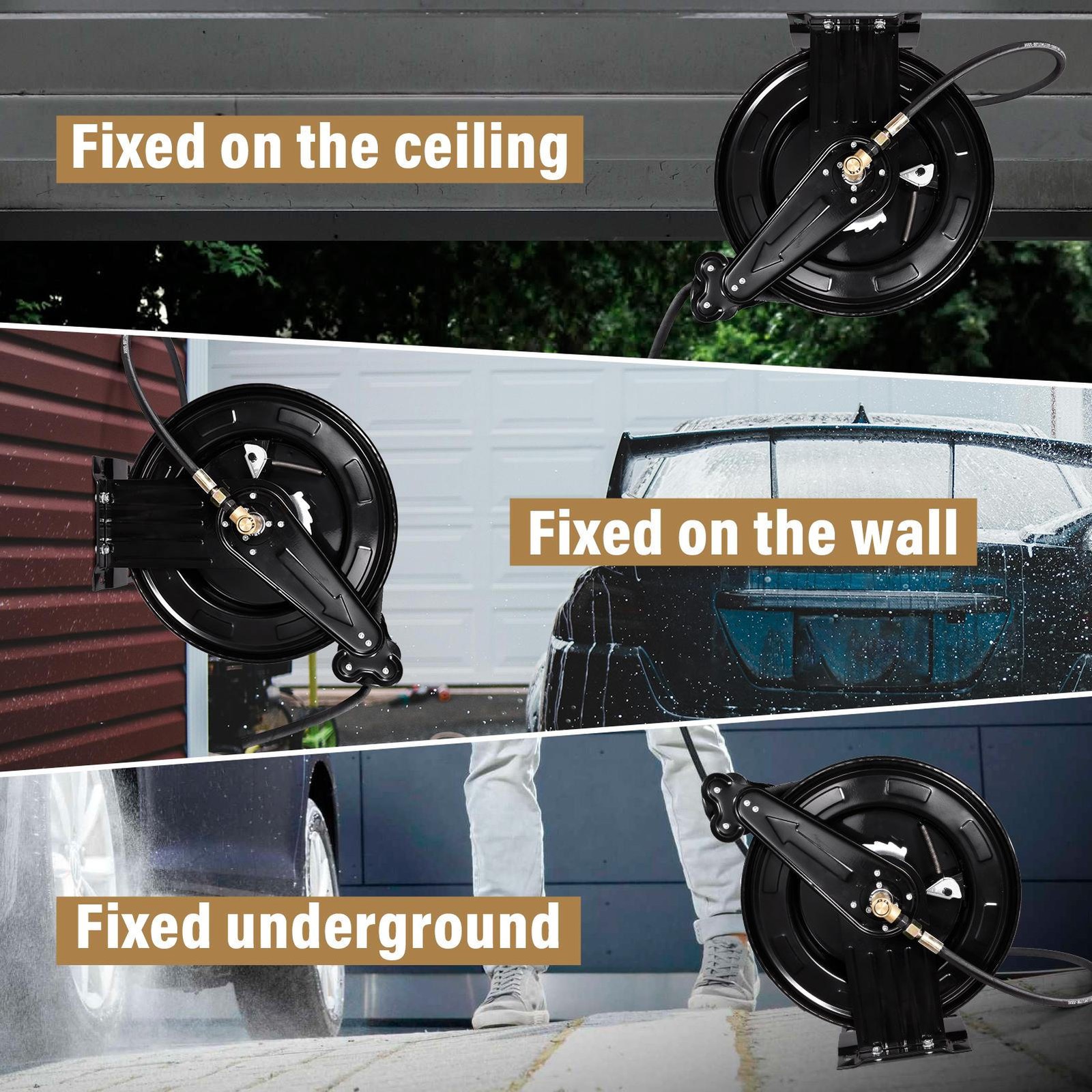 50FT x 3/8″ Auto-Retractable Pressure Washer Hose Reel, Heavy Duty Double Arm