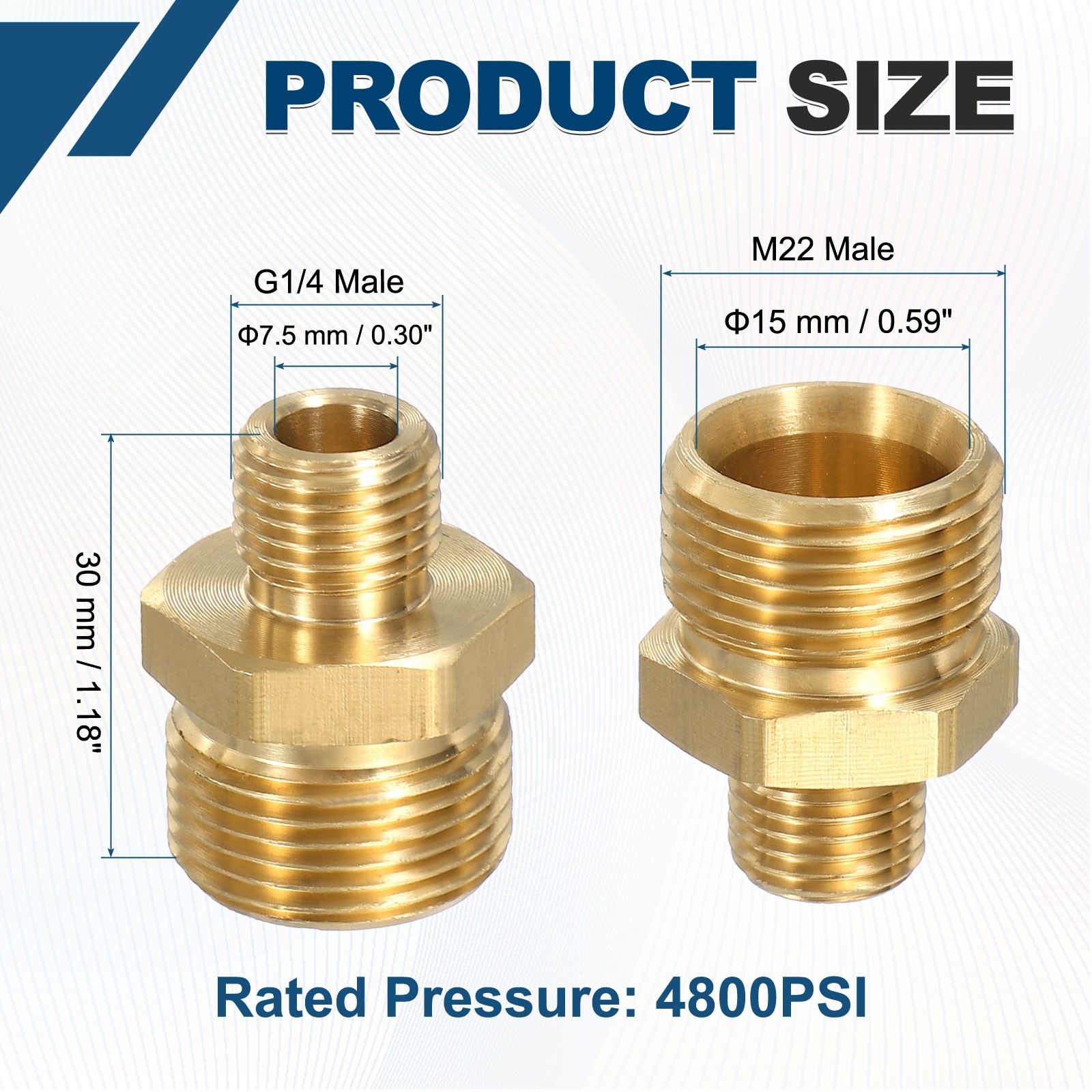 Pressure Washer Connector M22 Male to G1/4 Male Flat 4800PSI Copper New