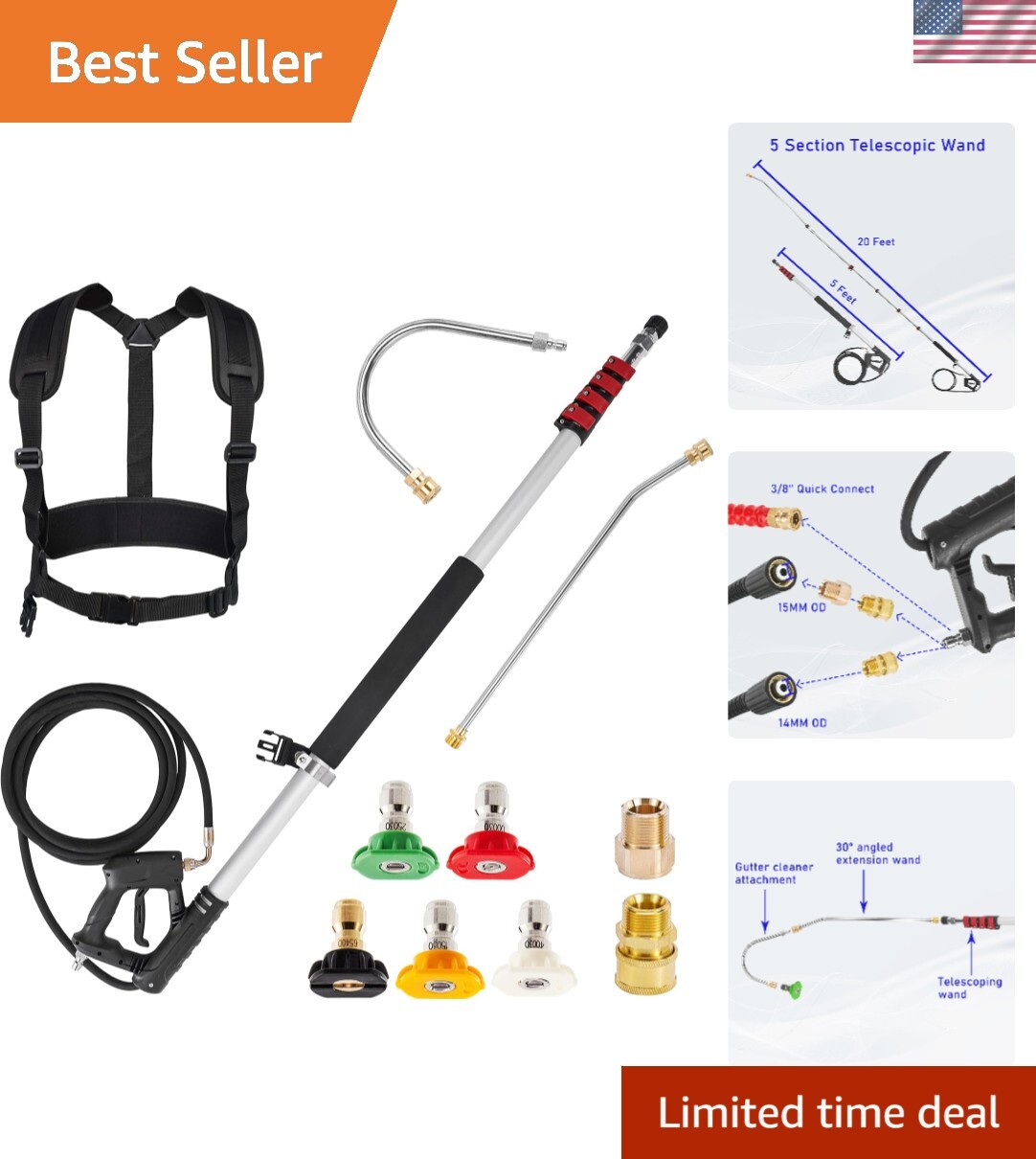 Telescoping Pressure Washer Wand, 20 Feet Aluminum High Power Washer Telescop…