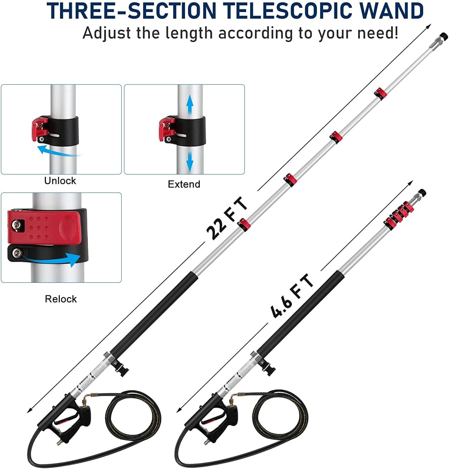 24 FT Pressure Washer, Telescopic Extension Pole Spray Gun, Includes 5 Section A
