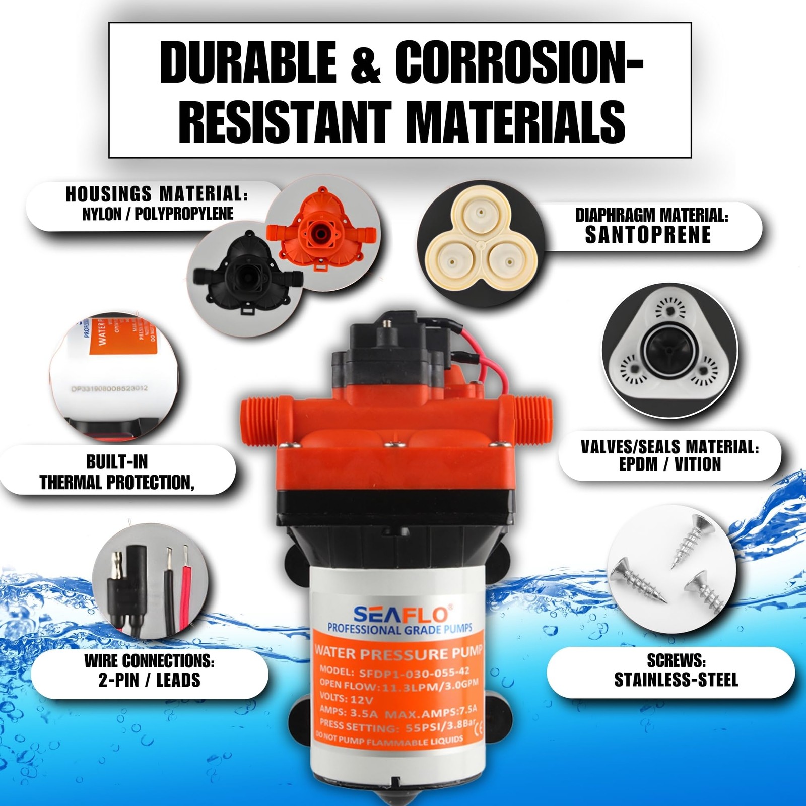 12V Diaphragm Pump 3.0 GPM 55PSI for Marine, RV, Off-Grid, Boats