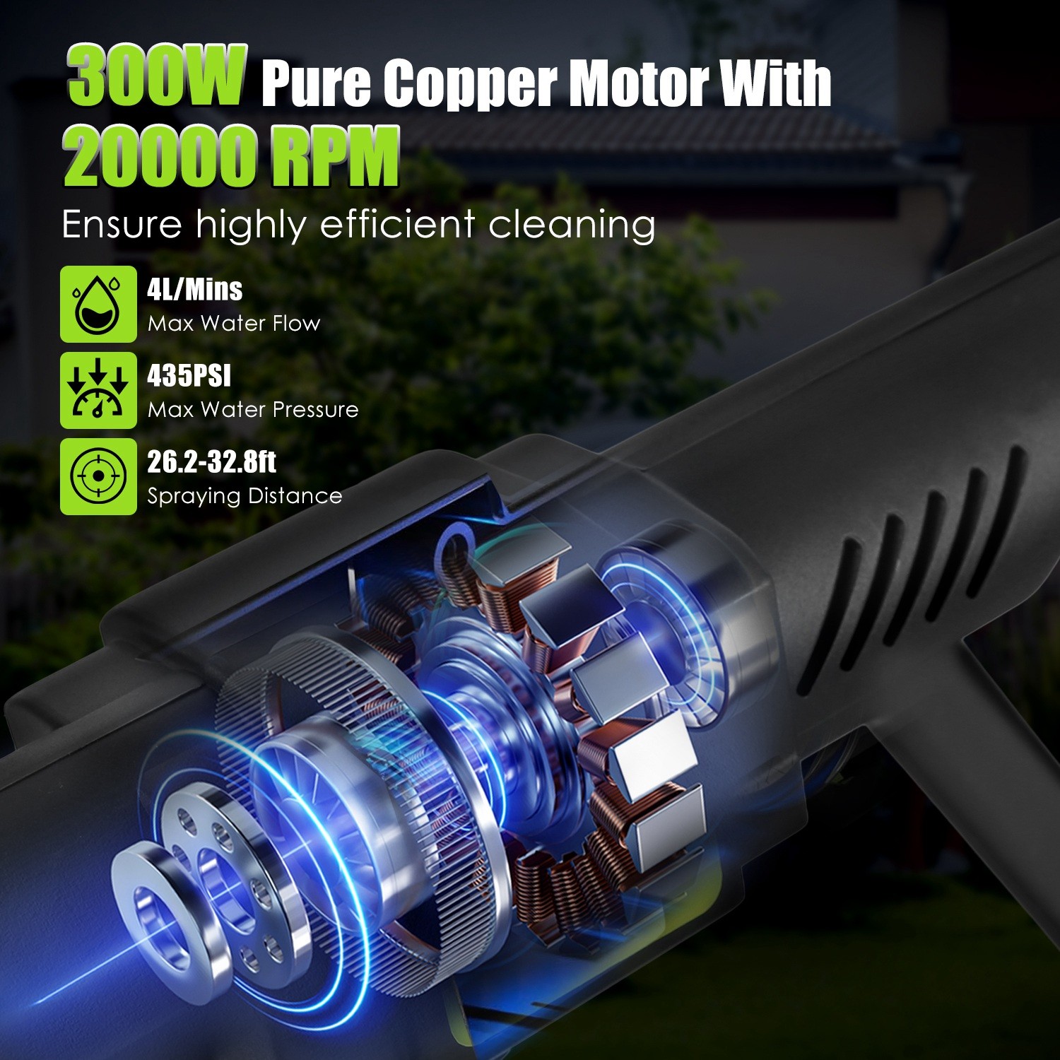 High Pressure Water Sprayer 435PSI Power Car Washer Cleaner with 6-in-1 Nozzle