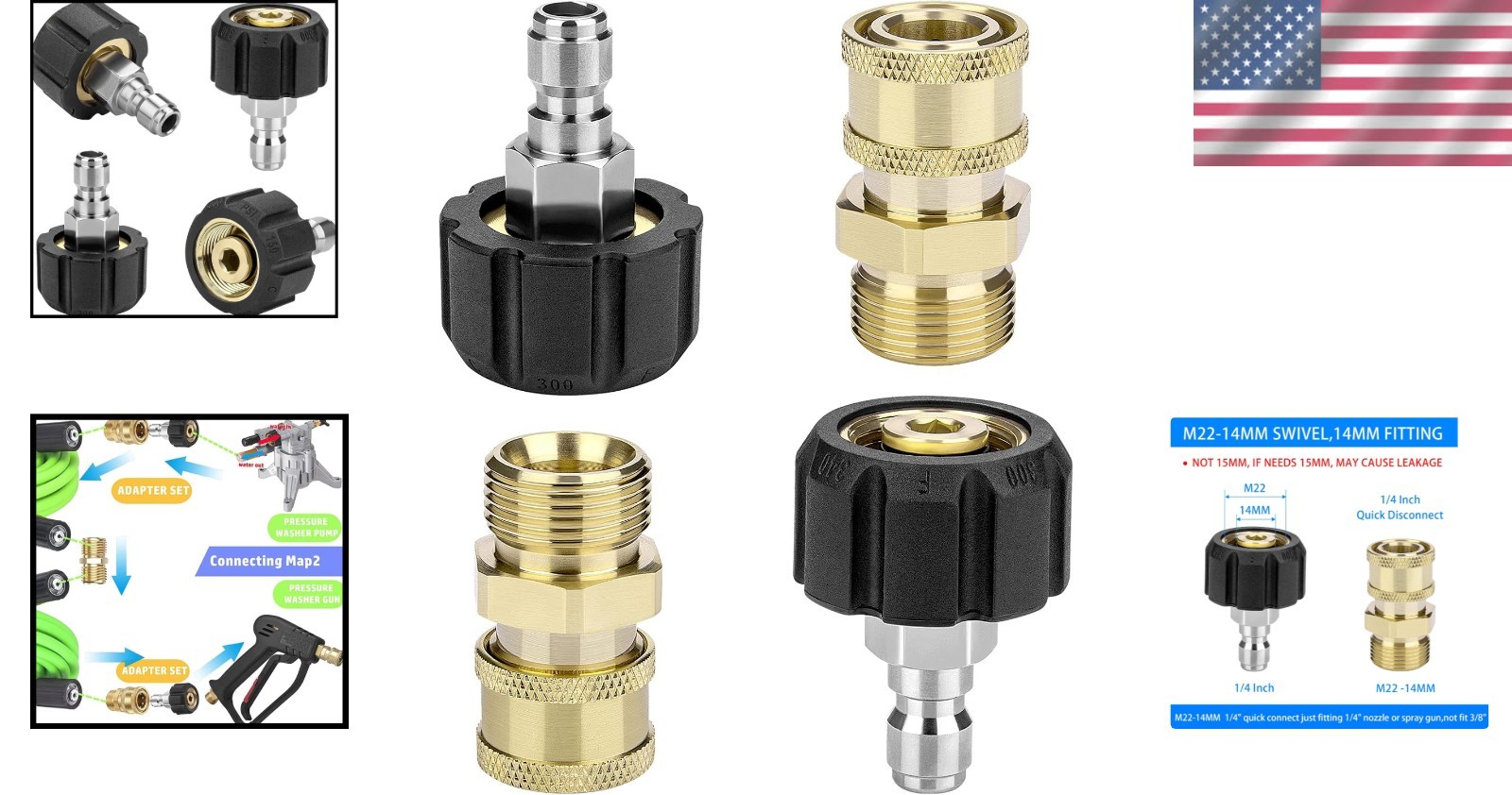 Heavy-Duty Pressure Washer Adapter Set – 2 Pair M22 Quick Connect 1/4″ Fittings