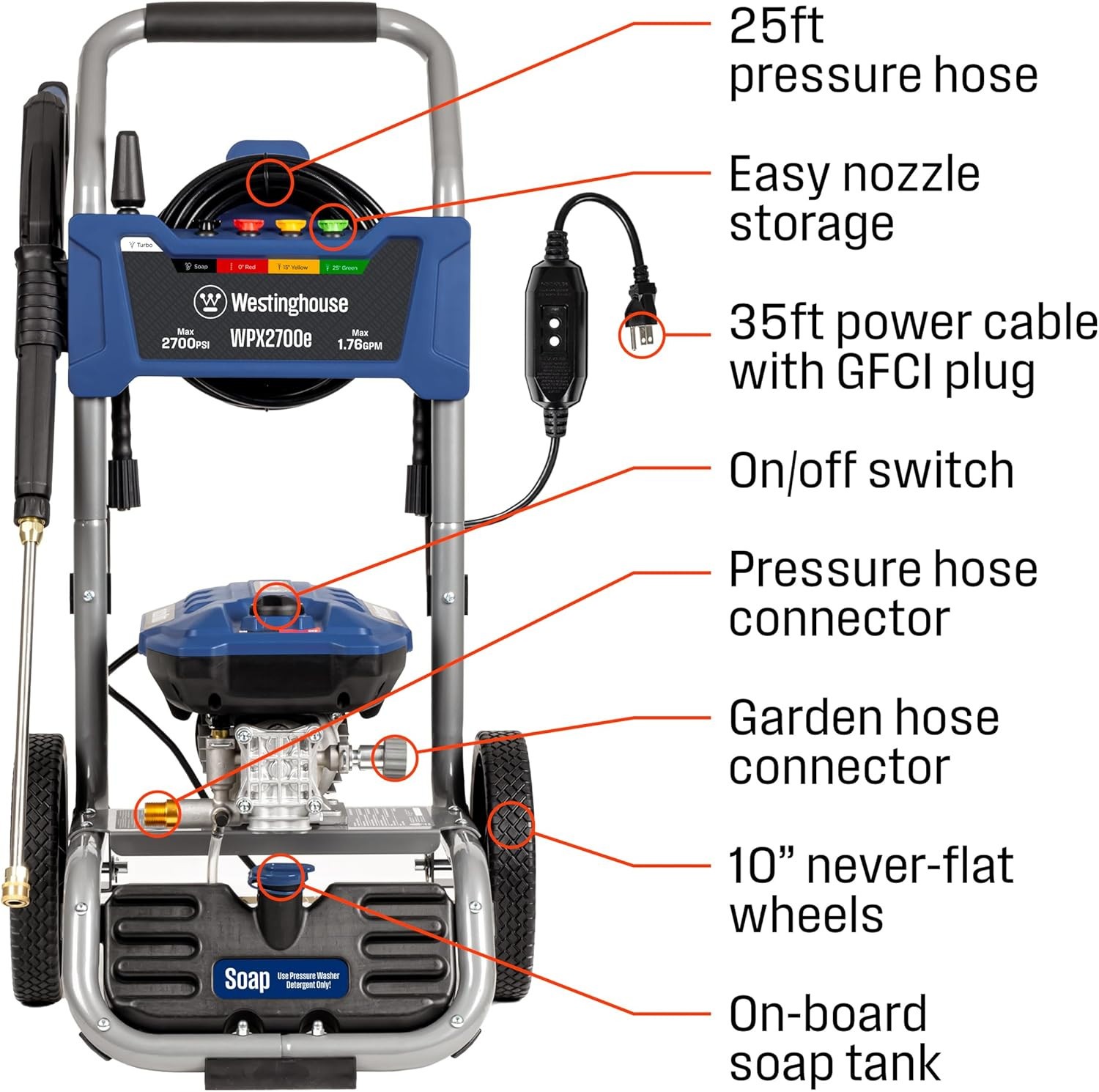 Westinghouse WPX2700e Electric Pressure Washer – 2700 PSI, 1.76 GPM, 5 Nozzles