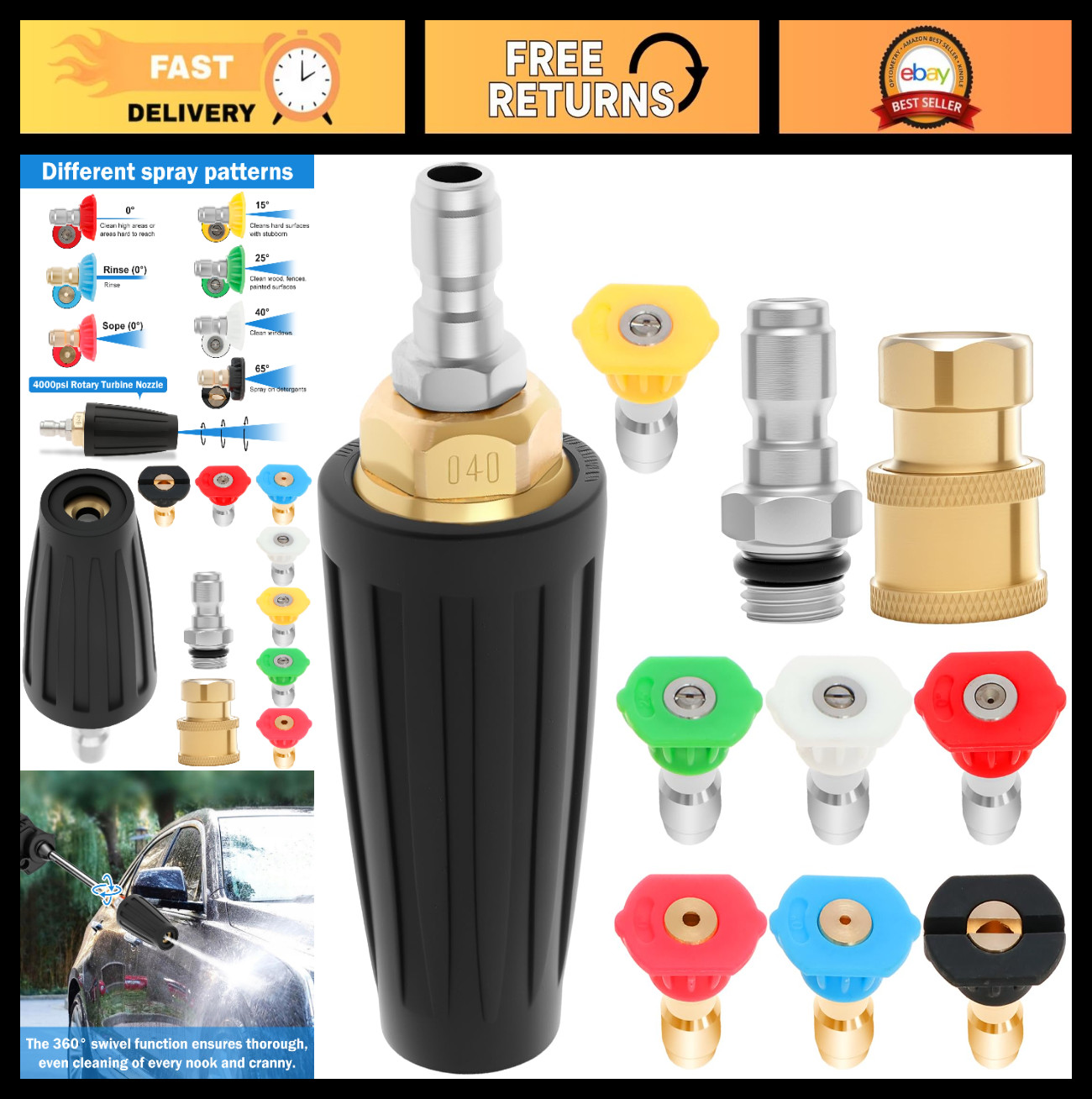 8Pcs Pressure Washer Nozzle Tips Kit | 4000 PSI, 360° Rotating, Quick Connect, 7