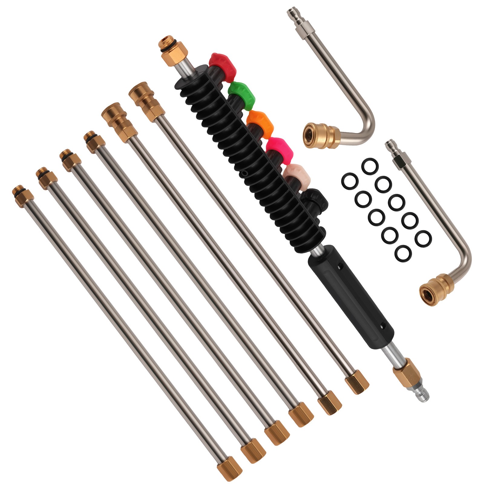 4000PSI Stainless Pressure Washer Extension 97″ 6 Nozzle Tips 30° 90° Curved Rod