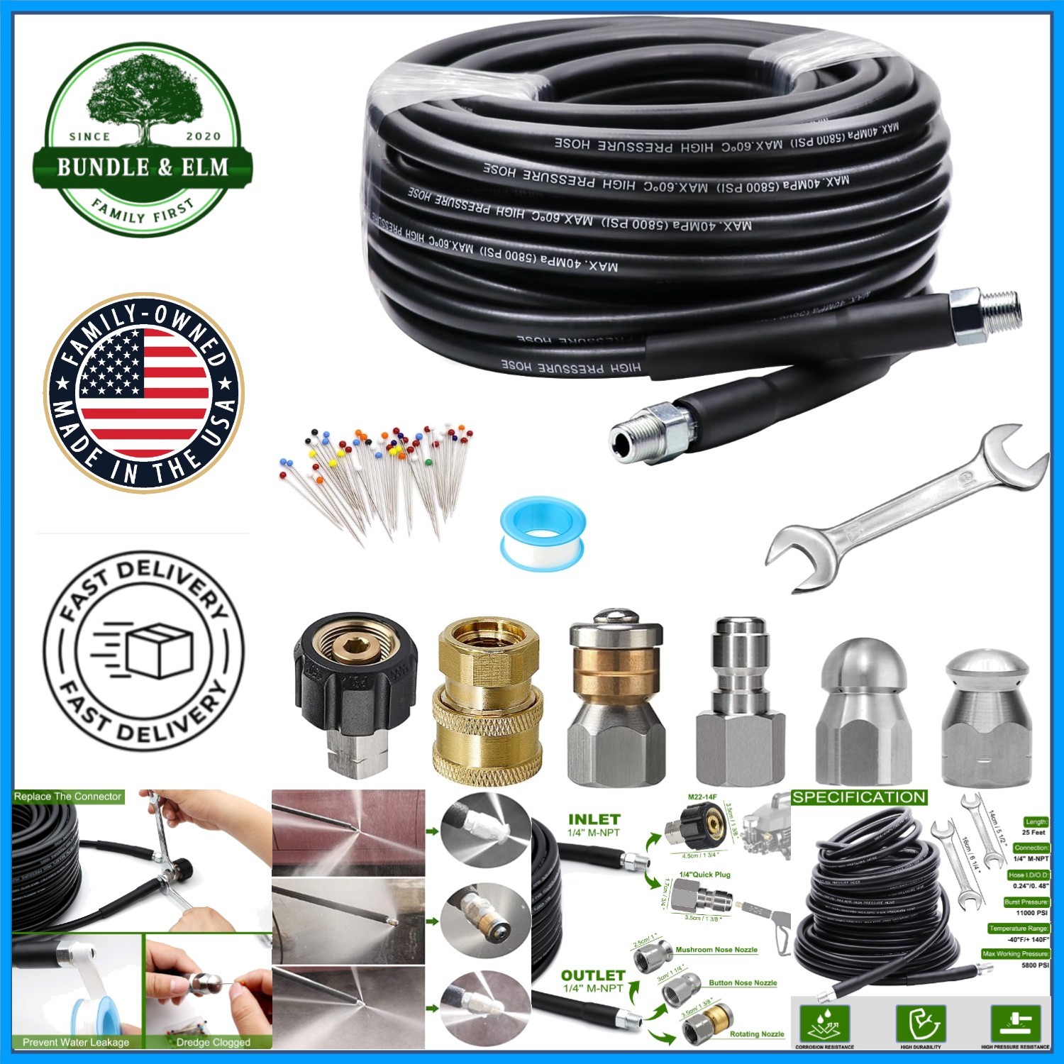 Durable 25 FT Sewer Jet Hose with High Pressure and Quick Connect Features