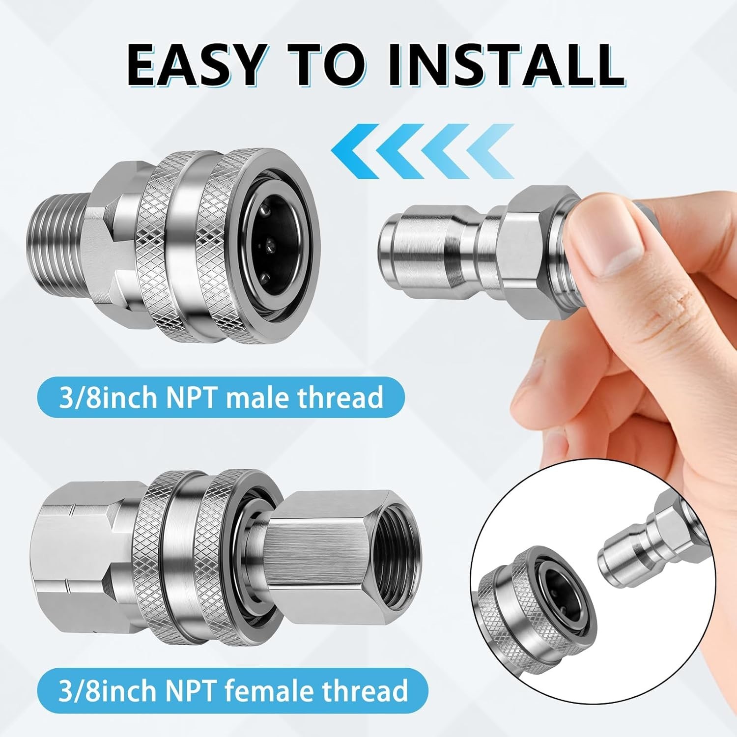 3/8″ Stainless Steel Pressure Washer Quick Connect Kit – 4PCS Adapter Set wit…