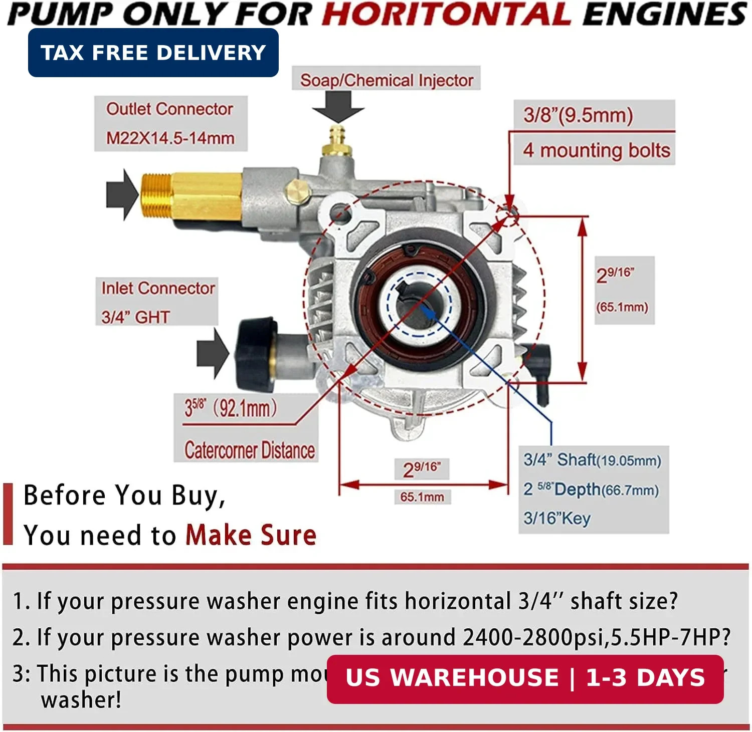2400-2800PSI Pressure Washer Replacement Pump, 3/4″ Shaft Horizontal Pressure Pu