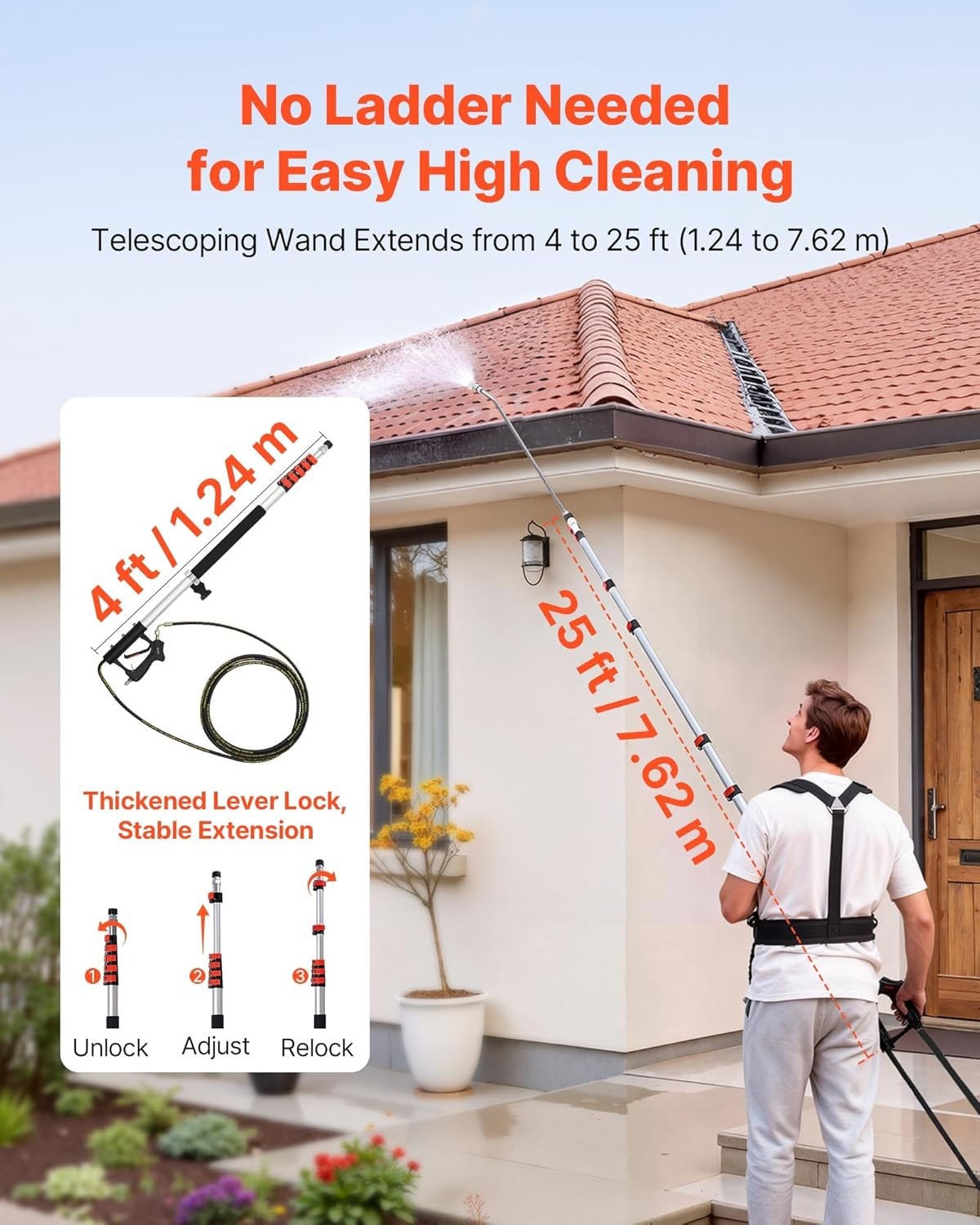 25 FT Pressure Washer Telescoping Wand, with Power Washer Extension Wands & High