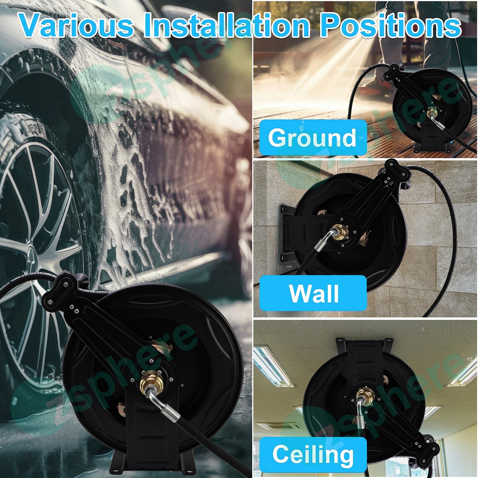 Pressure Washer Hose Reel Kit | 50′ Rubber Steel Hose and 4′ Jumper with 3/8″ QC