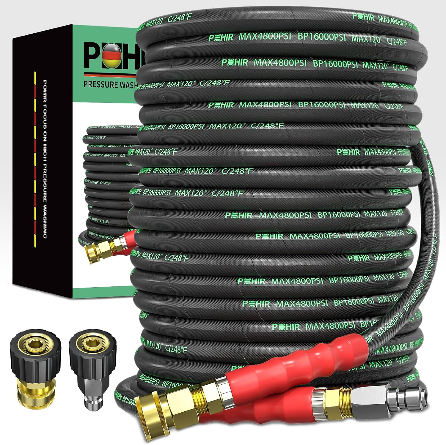 100 Ft Pressure Washer Hose 3/8″ 4800 PSI Kink Resistant with Adapters