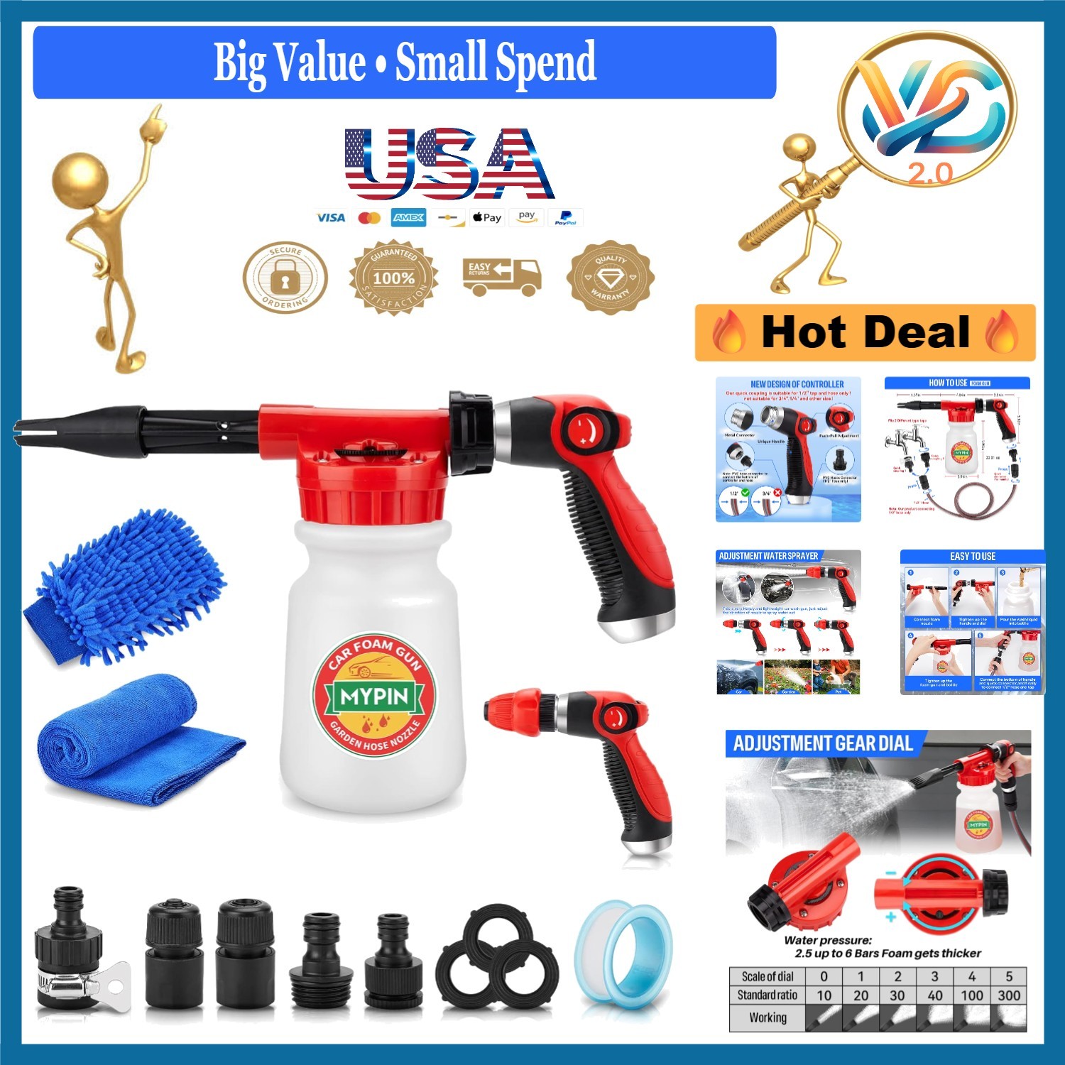 16 in 1 Car Wash Foam Gun Hose Sprayer Adjustable 2.5-6 Bar Nozzles