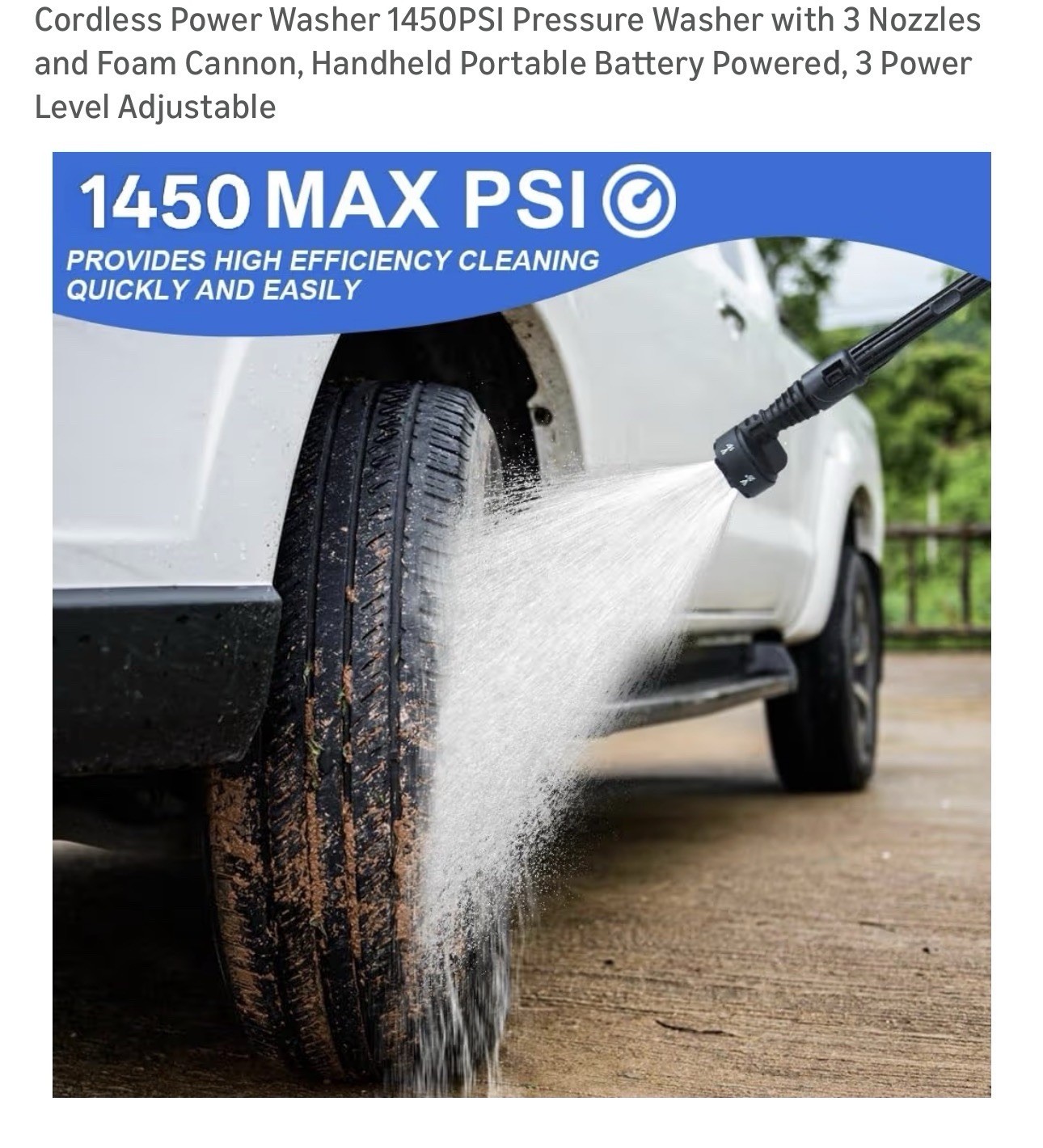 NEW! Power Pressure Washer 1450PSI w/ 3 Nozzles and Foam Cannon, Battery Powered