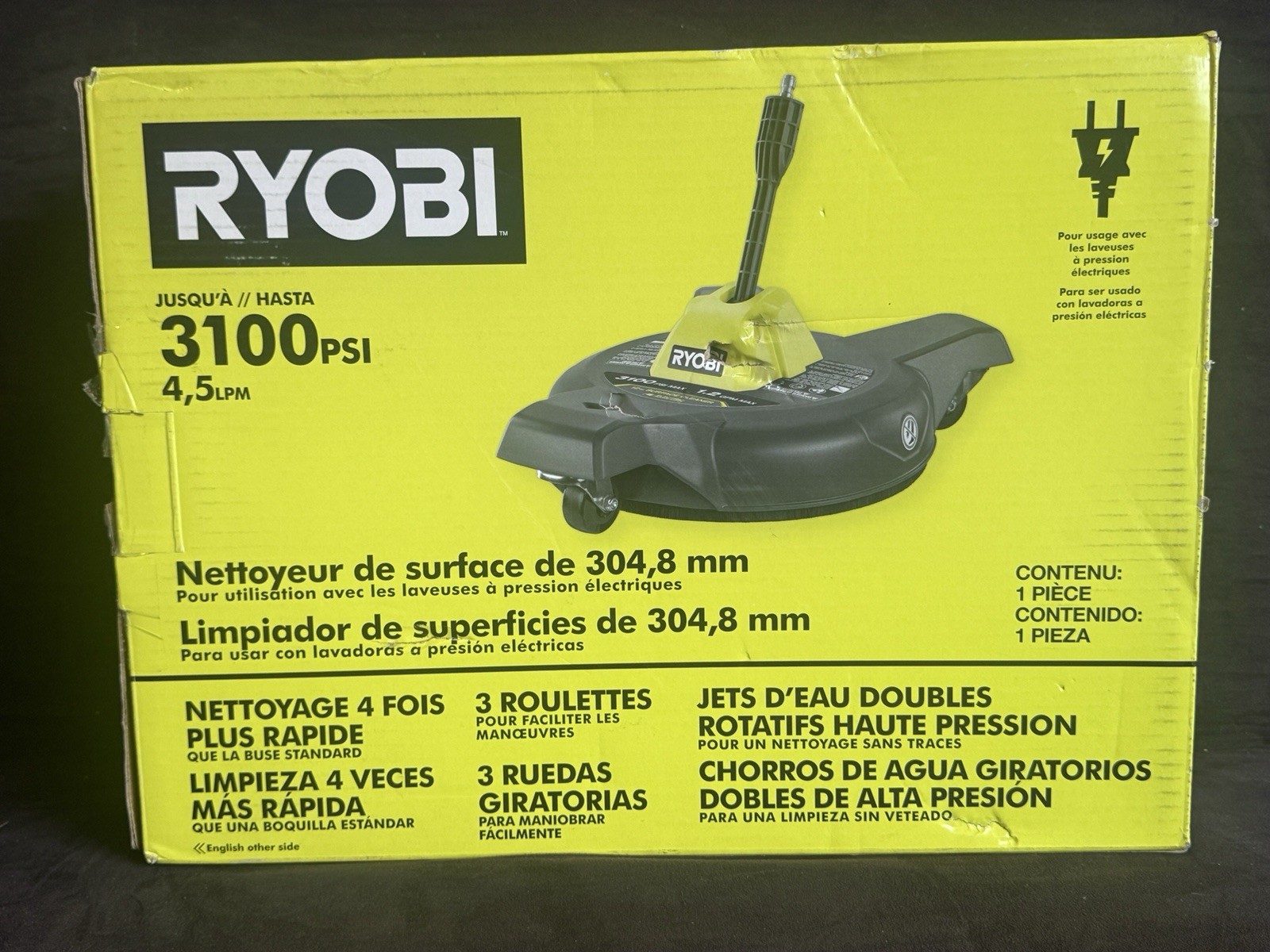 RYOBI 12 in. 3100 PSI Electric Pressure Washer Surface Cleaner w/Caster Wheels